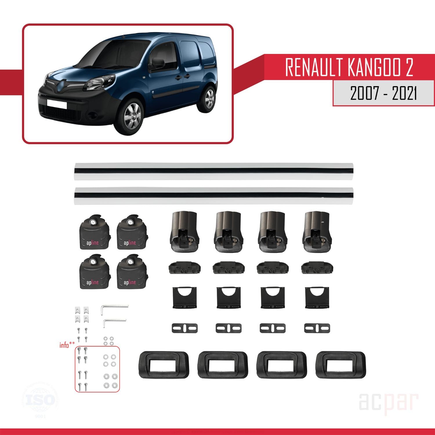Compatible con Renault Kangoo 2 (X61) 2007-2021 Modelo Ace-3 Barra de Techo Auto Portaequipajes Barras Transversales Gris Aluminio 2 Barras