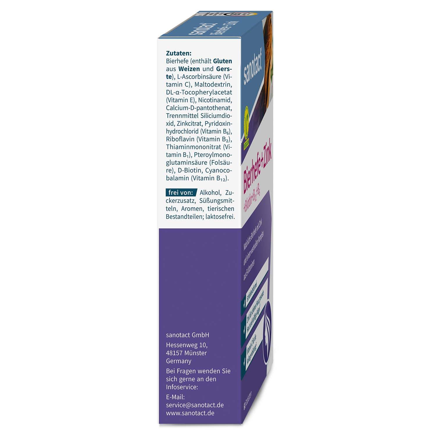sanotact Bierhefe + Zink (8 x 60 Tabletten) • Für Haut, Haare & Nägel • Vitamin-Komplex mit Bierhefe, Zink, Biotin, Vitamin B12, B6 & Vitamin C • Haut & Haar Vitamine • 100% Vegan