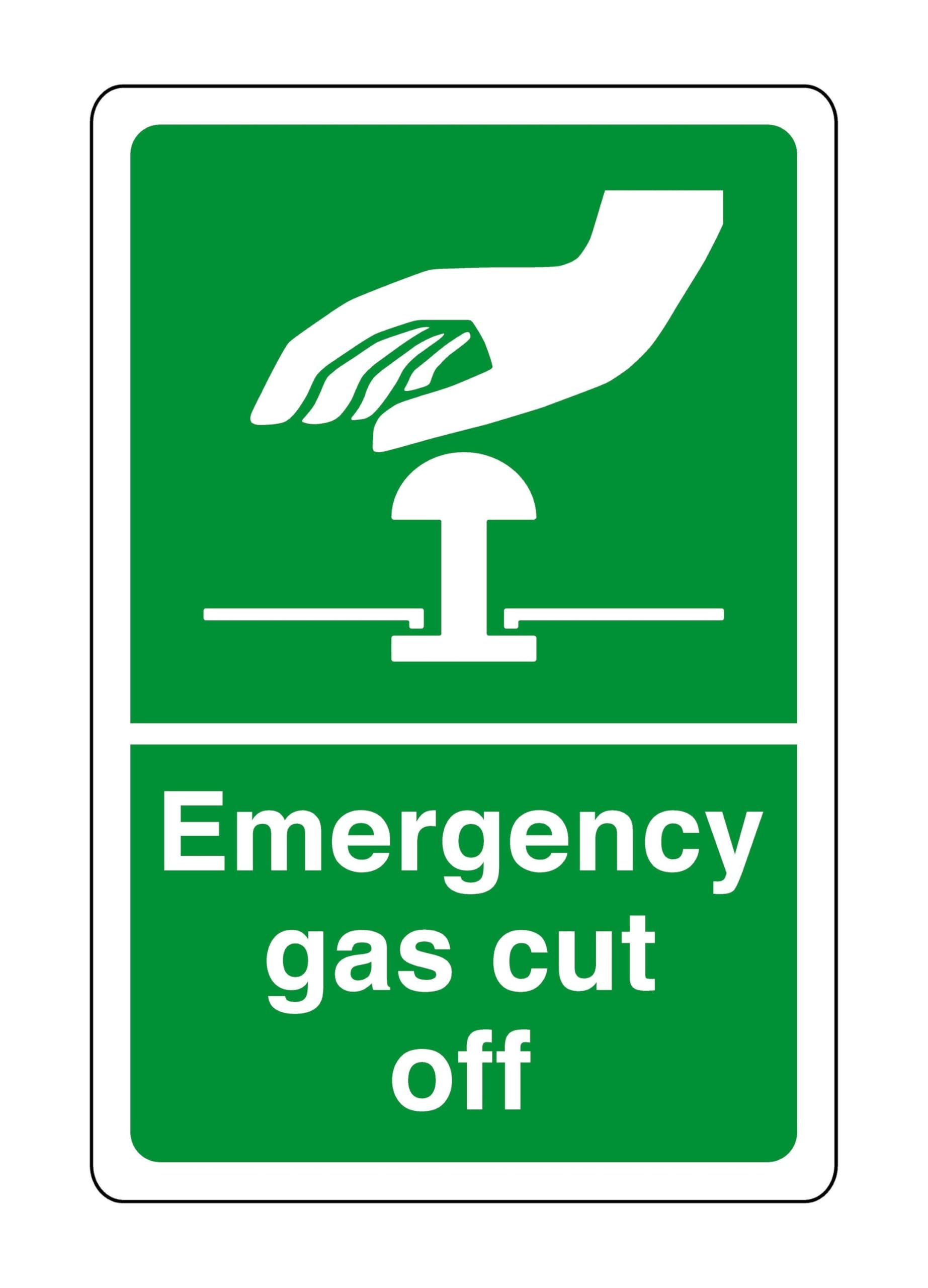 Emergency gas cut off - safety sign - High tack self-adhesive sticker (600mm x 400mm) Viewing Distance within 20m.