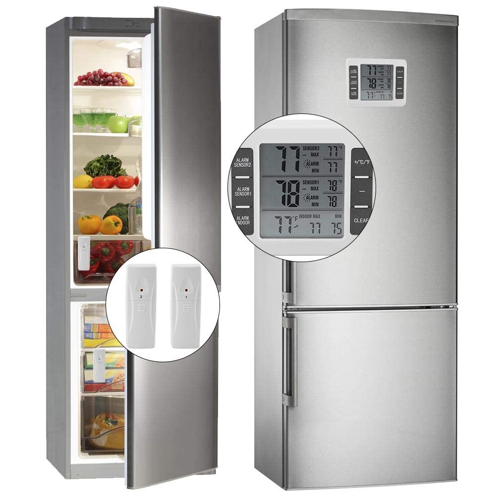 Thermomètre de Frigo Congelateur, Thermomètre Extérieur Thermomètre pour Réfrigérateur avec 2 Capteurs sans Fil avec Alarme Sonore pour une Utilisation Intérieure et Extérieure Écran LCD Facile à Lire