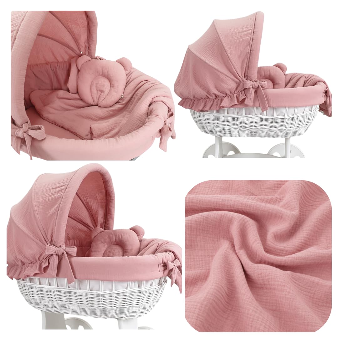 Wiklinopol Baby Bettwäsche Set 5-teilig Musselin Verdeck 110 cm Rosa | Stubenwagen Bezug Set, Babybettwäsche aus 100% Baumwolle, Decke 70x80 cm, Kissen 25x30 cm, Spannbettlaken, Einlage Ø 260 cm