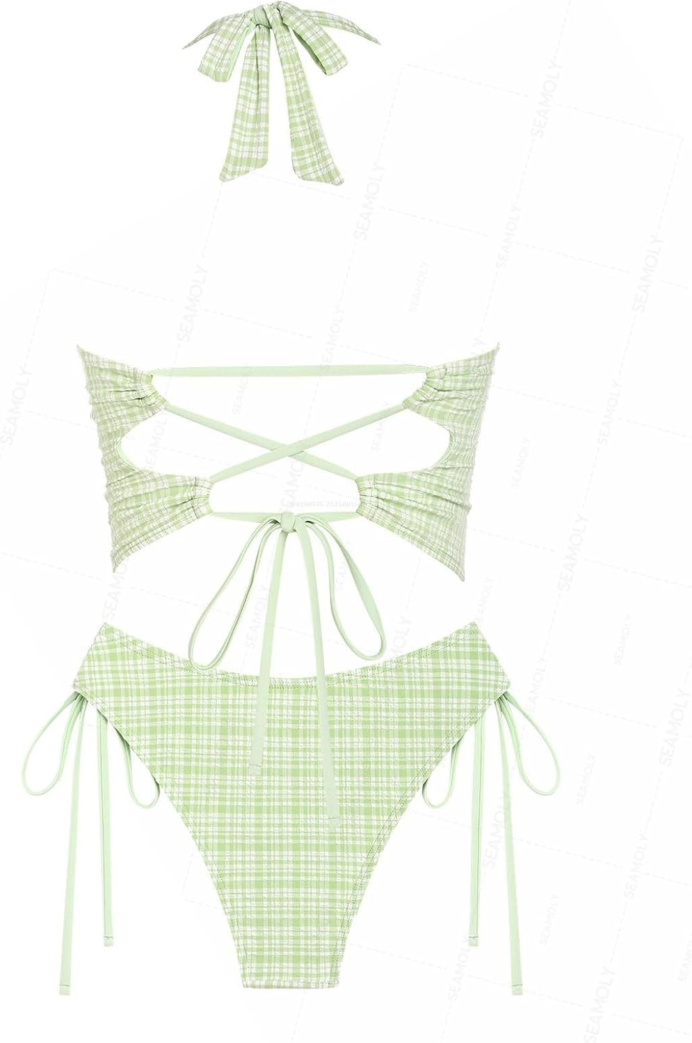 seamoly Vintage Gingham Halter Tank Top & Cinched Tie Side Tankini Set - Image 5