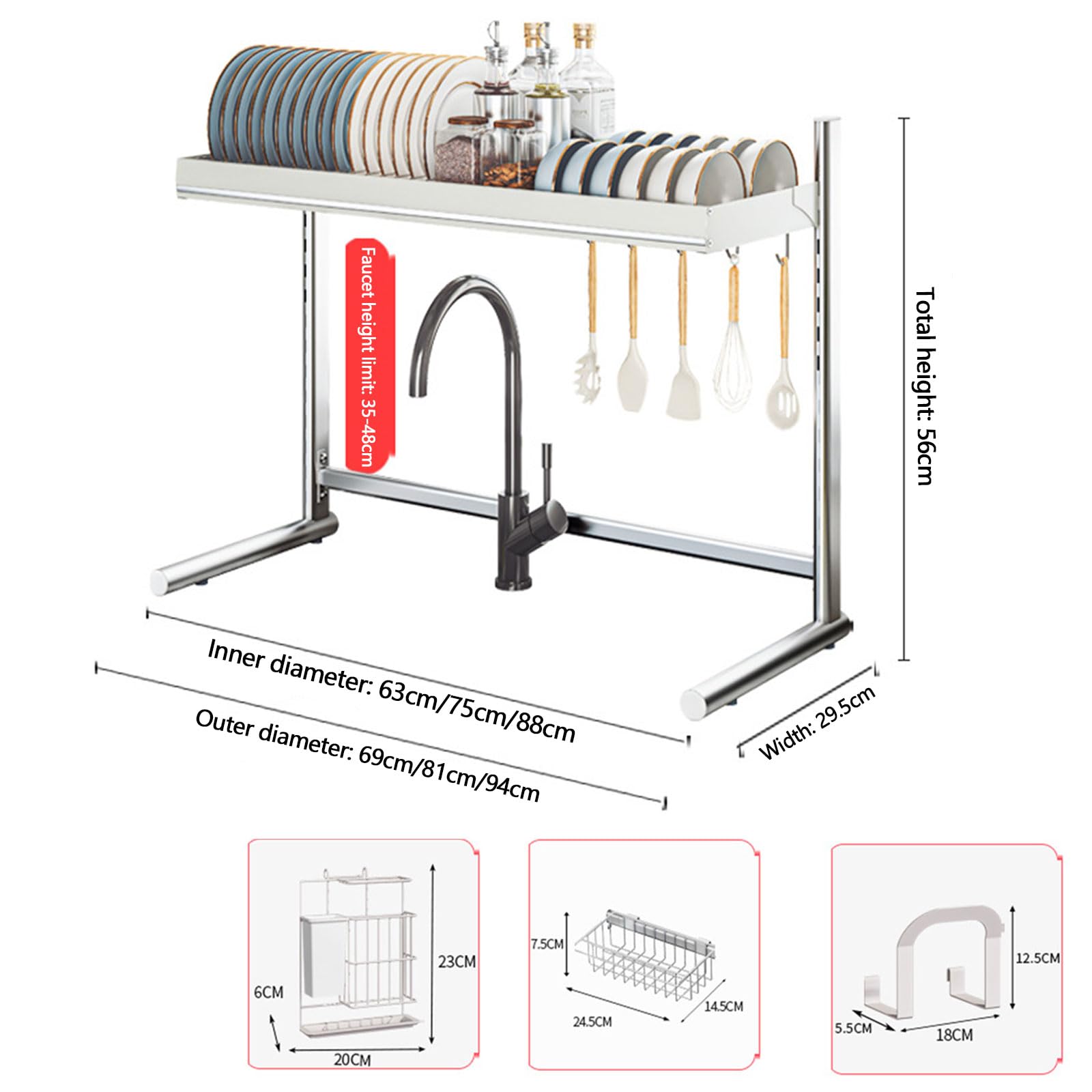 Escurridor de platos, organizador de acero inoxidable sobre fregadero, almacenamiento multifuncional que ahorra espacio para platos, vasos, cuencos y cubiertos, diseño compacto y duradero