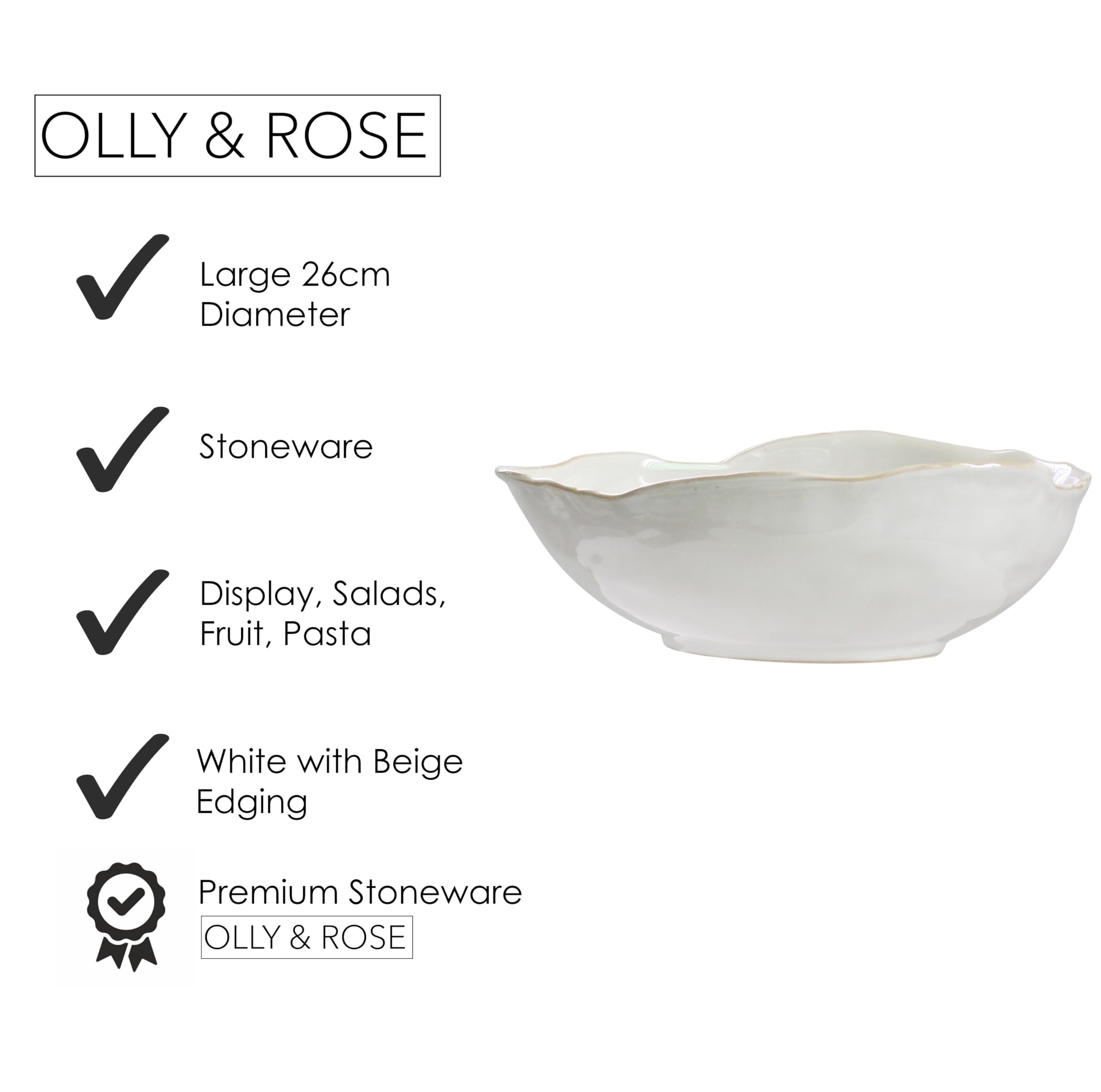 Olly & Rose Glossy White With Beige Edges Large Bowl 26.5cmcm Diameter