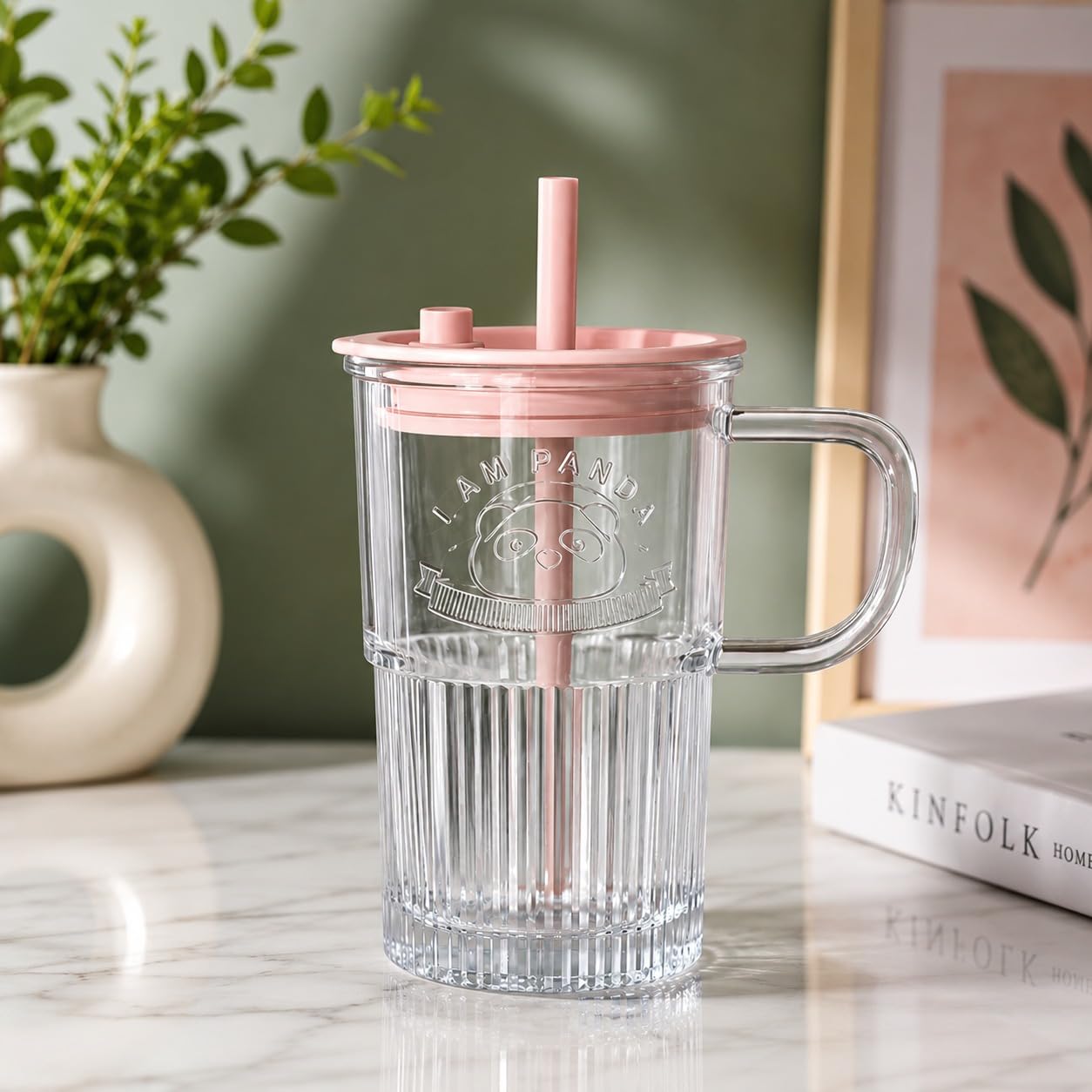Panda Design Glass Sipper Mug with Handle Lid and Straw | Cute Green Drinking Cup for Kids Adults Reusable Milkshake Juice Tumbler | Size 450 ml Pack of 1-image-21
