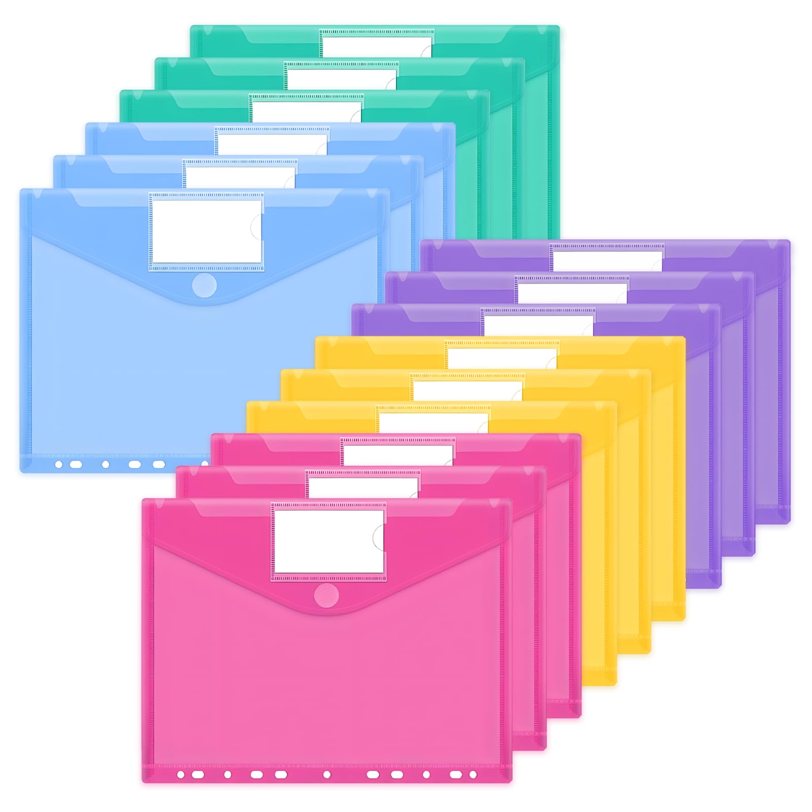 JEFURE A4 Plastic Wallets 15PCS, 11-Hole Waterproof Plastic File Folders, Document Folder Wallets with Label Pocket for Document and Office Supplies Organization, 5 Colors