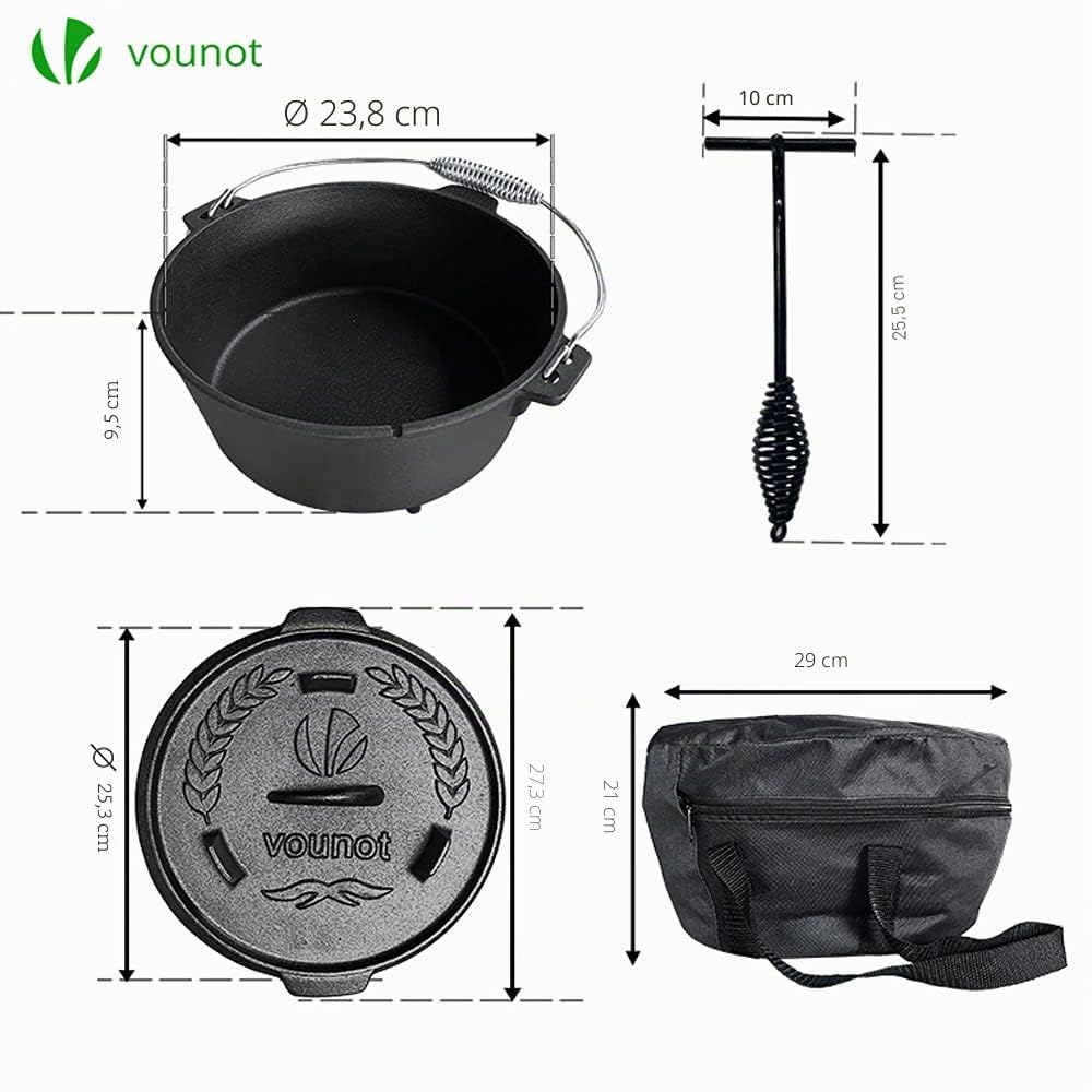 VOUNOT® Olla Horno Holandés 4,25L Cacerola Hierro Fundido con Piernas, Dutch Oven con Tapa Hermética, Elevador, Bolsa de Almacenar, para Camping Cocina Casera Barbacoa
