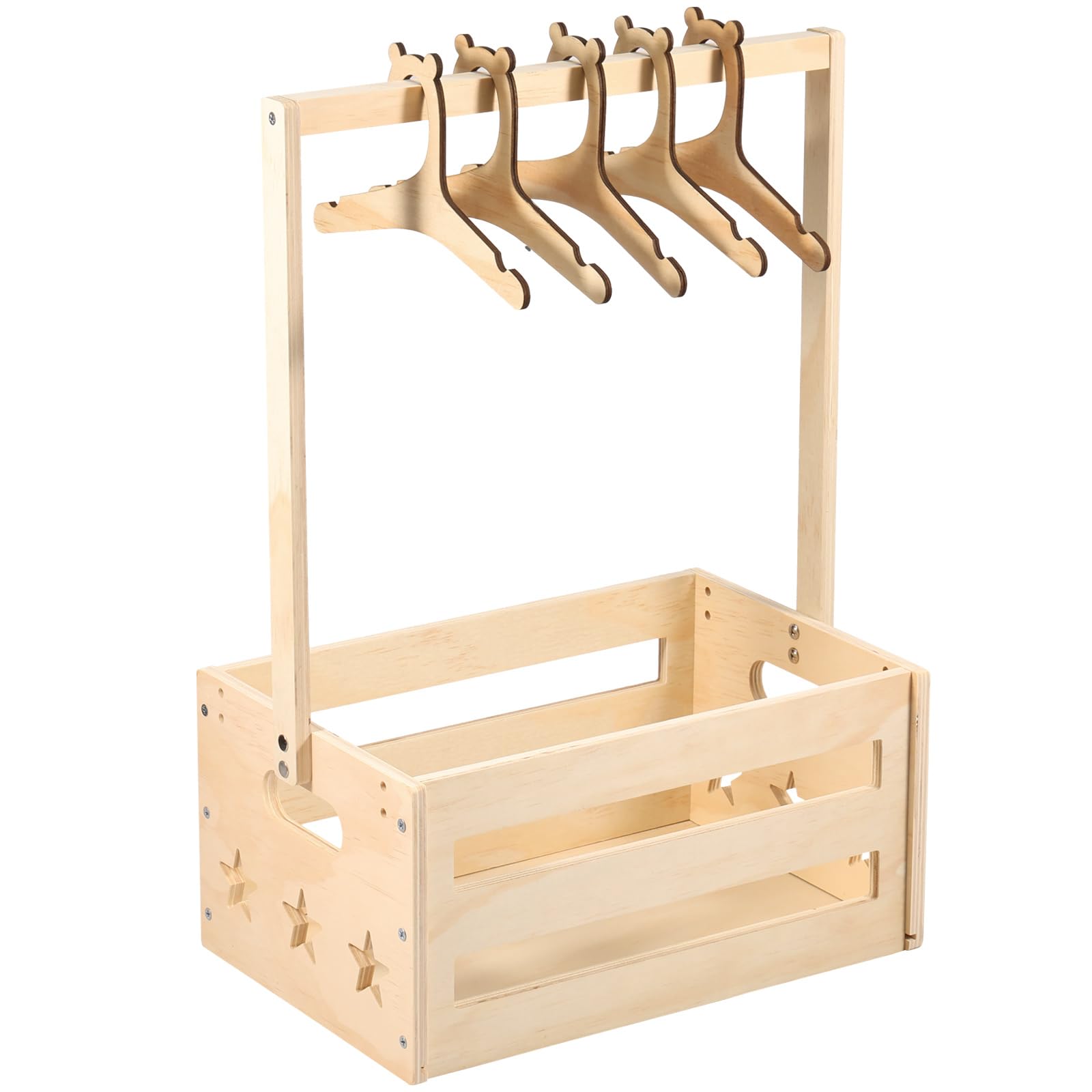 Sesaver Baby Shower Crate Closet, Wooden Baby Hamper Basket with 5 Hangers, Wooden Clothes Storage Basket with Handle Suitable for Shoes Books Pregnancy New Parent Present (C)