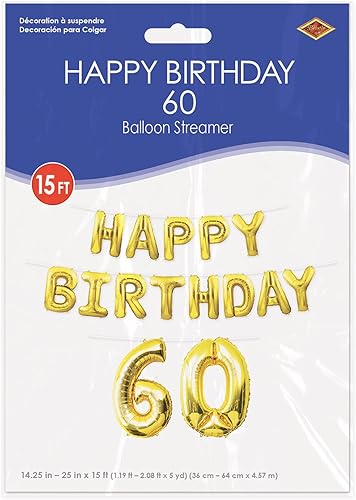 Miniatura 6 de Beistle Cartel de globos de feliz cumpleaños 60 con letras inflables de Mylar para colgar, suministros de fiesta, 14.5 y 25 x 180 pulgadas, color