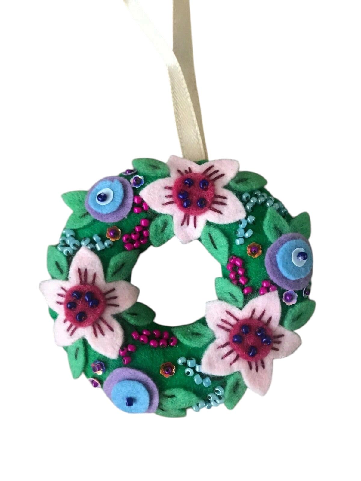 Handmade Felt Easter Decoration Wreath with Pink Flowers, Easter Home Decor