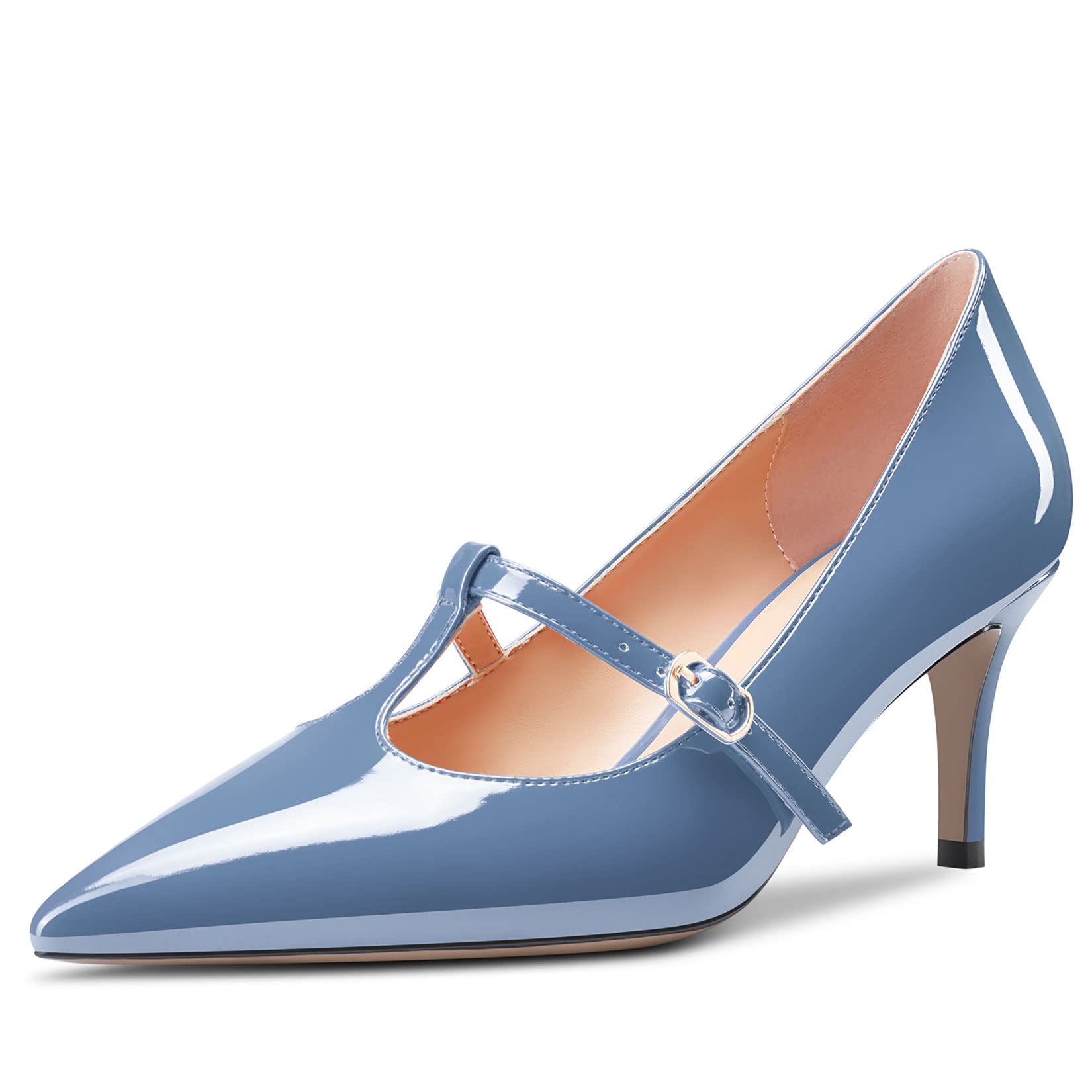 Aachcol Mujer Aguja Medio Bajos Heel Pumps T-Strap Slip-on Puntiaguada Punta Dress Zapatos Oficina Fiesta de Boda Charol 6.5 CM