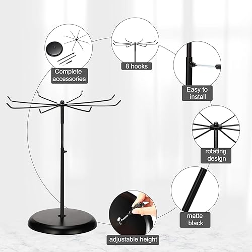 Miniatura 4 de Barydat Soporte giratorio de 2 piezas, organizador de joyas de metal negro de altura ajustable con 8 ganchos, soporte multiusos para accesorios,