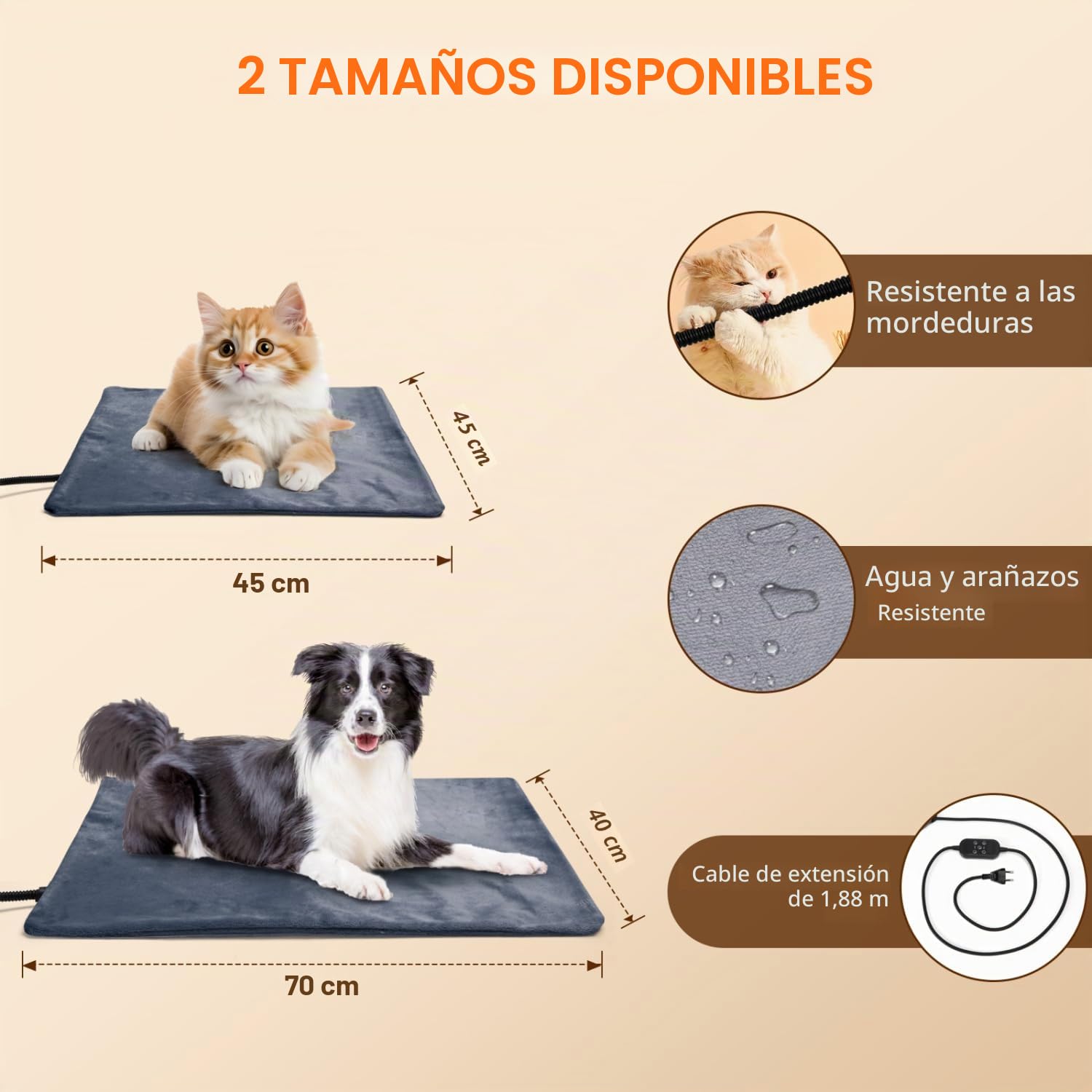 Nobleza Manta Eléctrica para Gatos y Perros Pequeños, Almohadilla Térmica con Temporizador y Temperatura Ajustable, Cama Calefactora con 2 Fundas de Felpa Corta, 45×45 cm