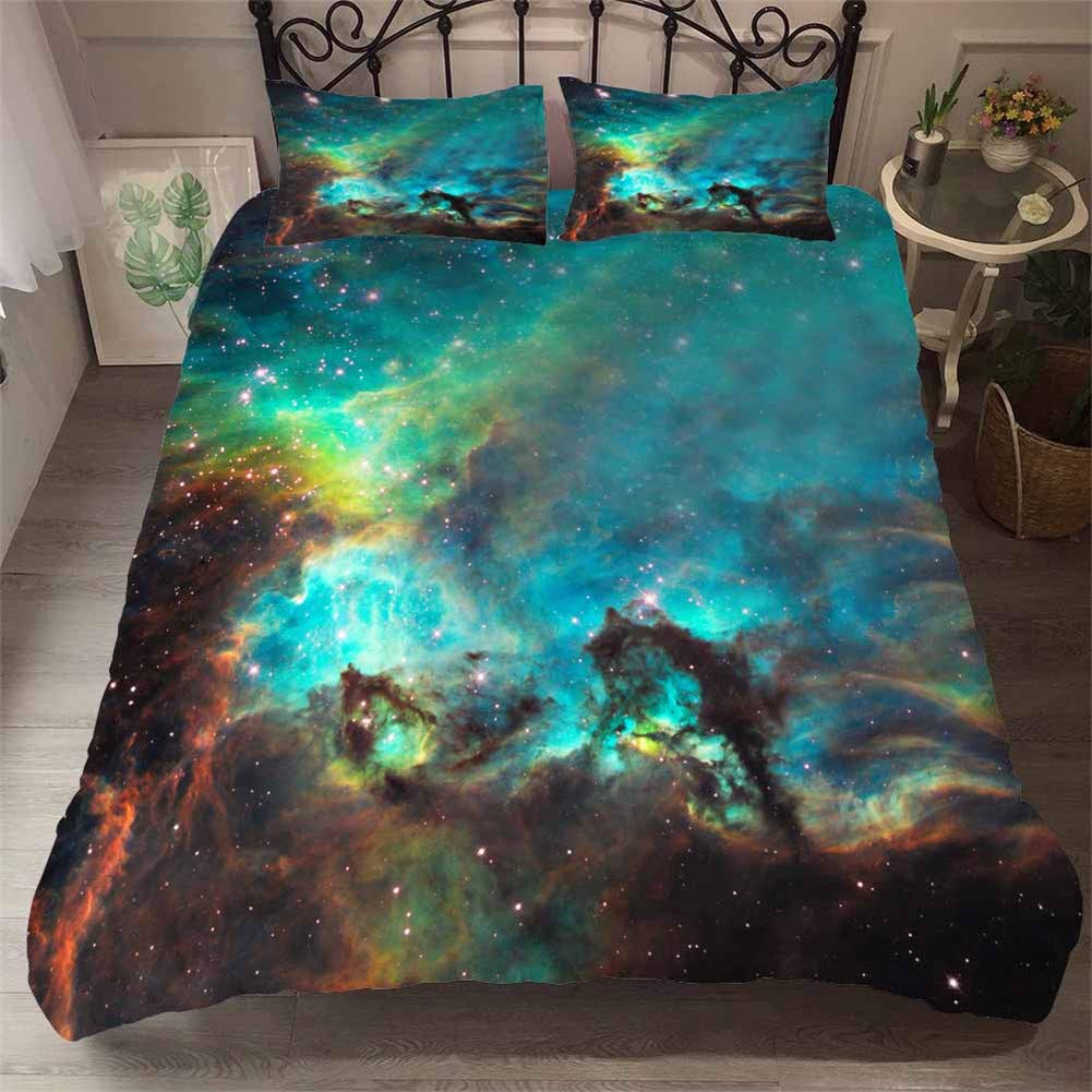 Parure de lit galaxie bleu vert pour relooker une chambre d'ado ou d'adulte
