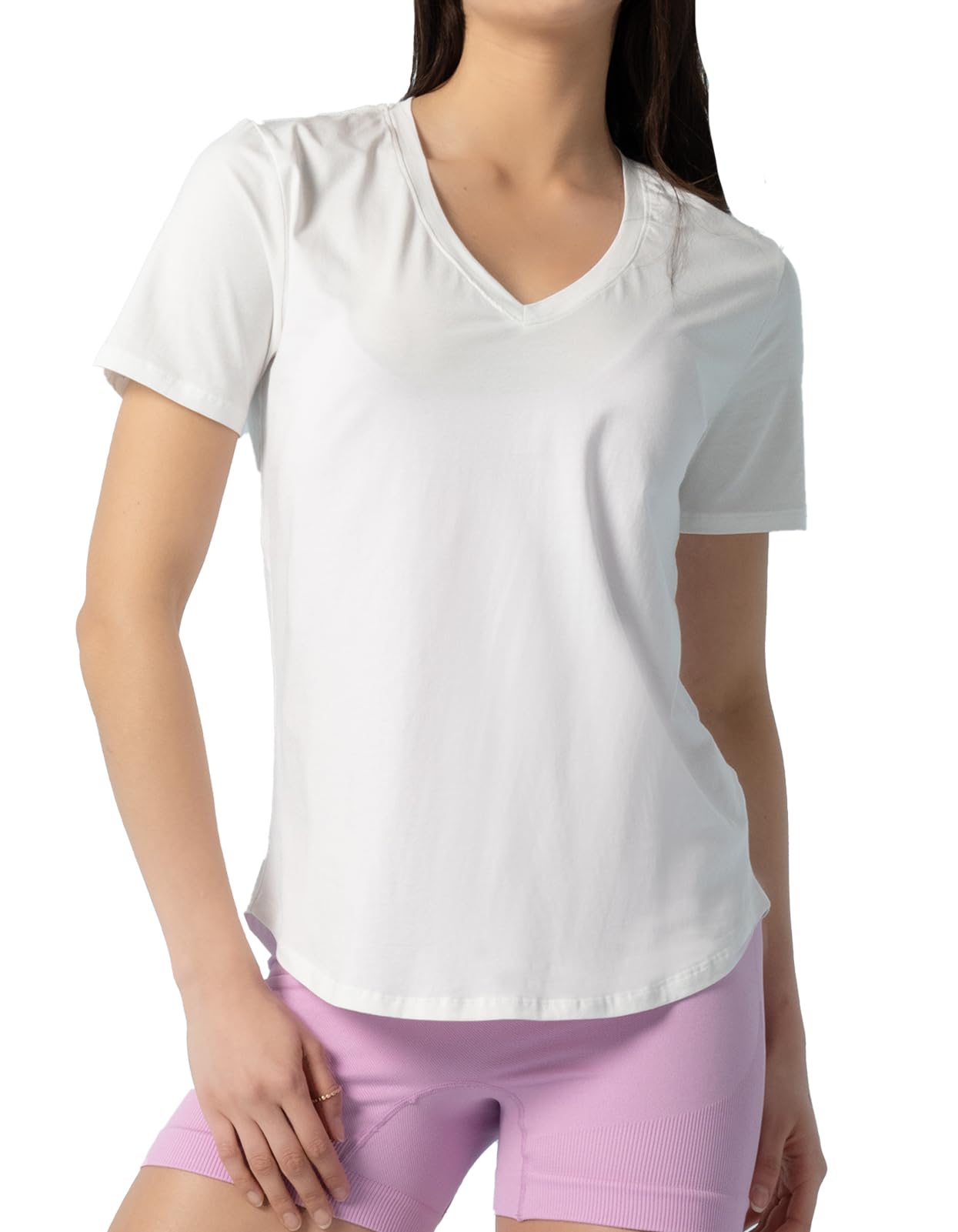 Women's Workout T-Shirt Pima Cotton Short Sleeve Curved-Hem V-Neck Shirts Athletic Yoga Tee Tops