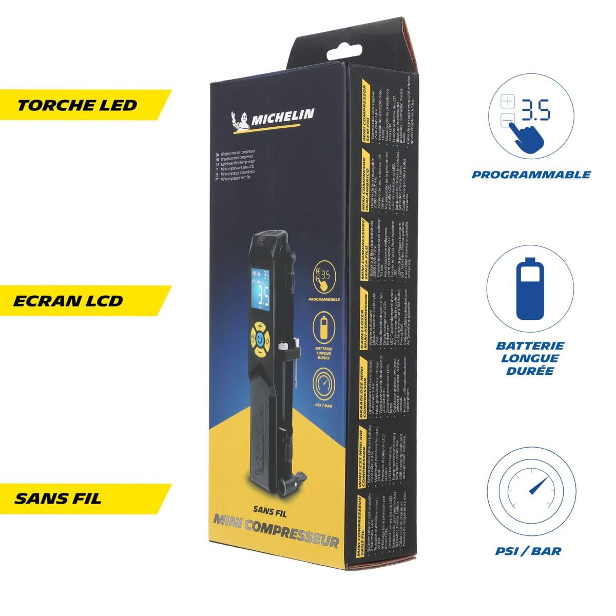MICHELIN - Mini compresseur USB rechargeable - Sans fil - Pour pneus vélos, motos, voitures - Manomètre digital 10 bars - Batterie lithium 2500 mAh - Adaptateurs inclus - Lampe torche LED intégrée
