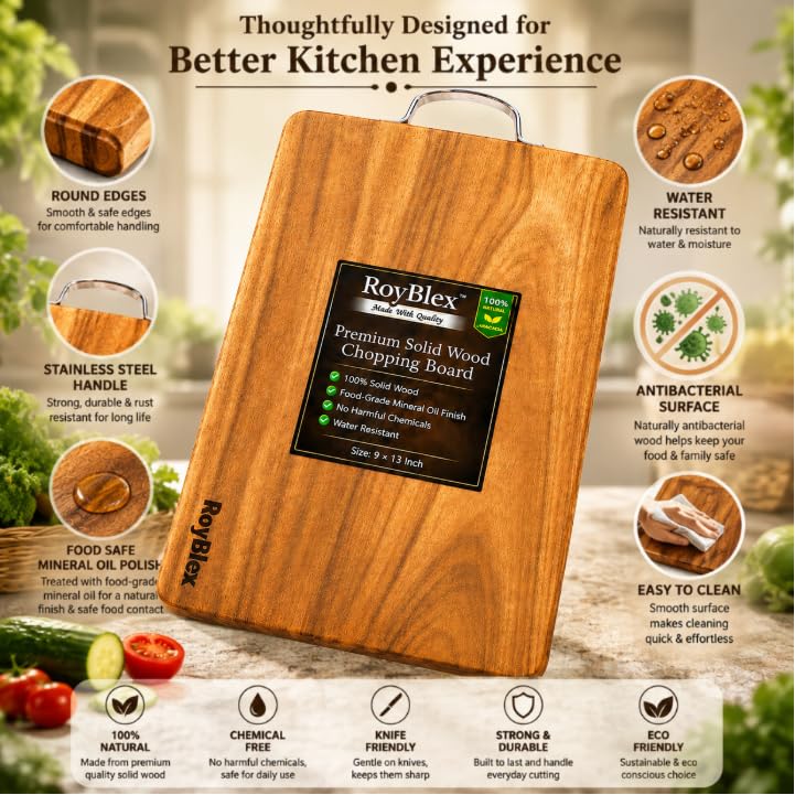 Image of Acacia Solid Wood Cutting Board for Kitchen with Stainless Steel Handle|Naturally Antibacterial Wooden Chopping Board | Cutting Board for Vegetables, Fruits, Meat, Fish, Paneer, (33x23 cm Pack of 1)