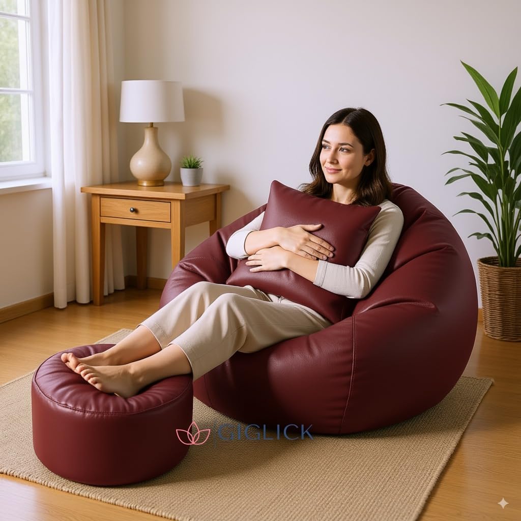 Filled Bean Bag with Footstool N Cushion | Luxury Leatherette Bean Bag Chair for Adults, Kids | Comfortable, Durable, Stylish for Living Room, Bedroom, Gaming, Home Decor (Maroon, 4XL)-image-19