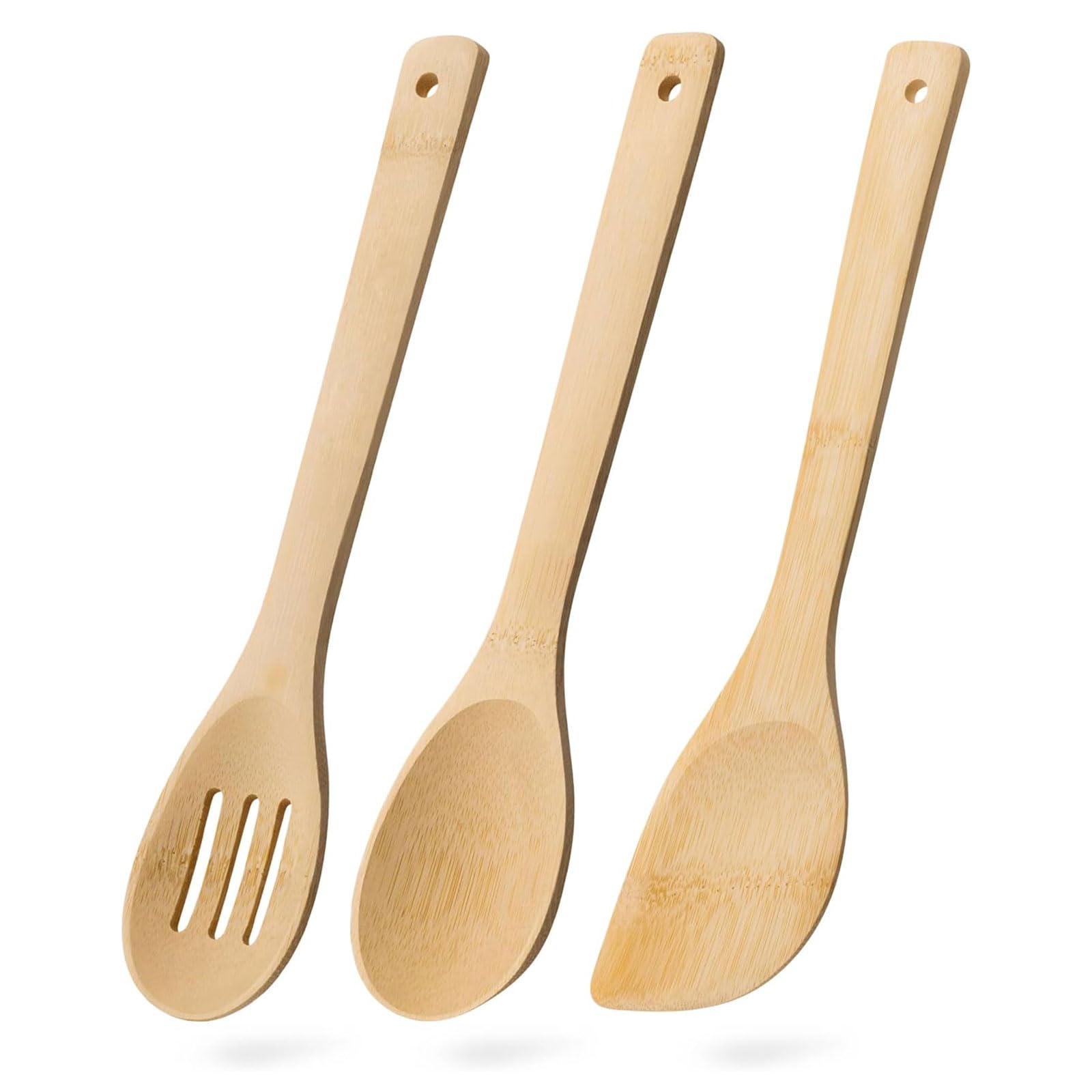 TESGADGETS Wooden Cooking Spoon Set, 3-Piece Set Including Slotted Spoon, Wooden Spoon and Wooden Spatula, Bamboo Cooking Utensils for Coated Pans, Natural Bamboo Utensils