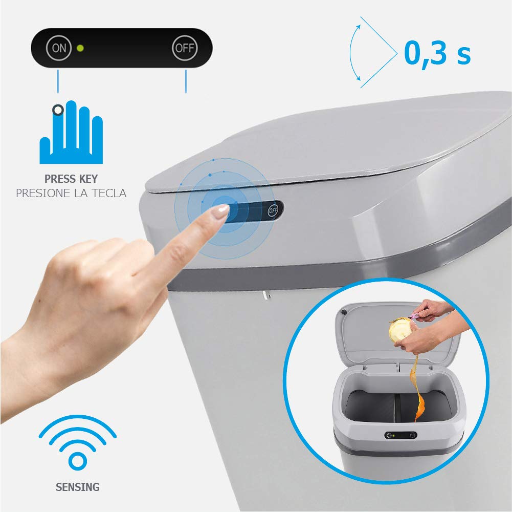Cubo de Basura con Sensor Automático · Papelera Inteligente de 13 Litros para Cocina, Dormitorio, Baño y Oficina · Color Gris