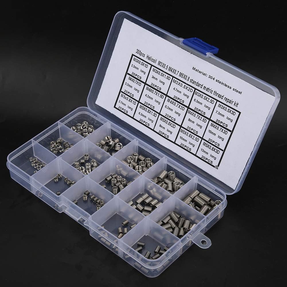 300Pcs Threaded Insert Kit Stainless Steel Thread Repair Tool High Precision M3 M4 M5 Screw Thread Inserts for Hole Repair in Aluminum Alloy Metal Work