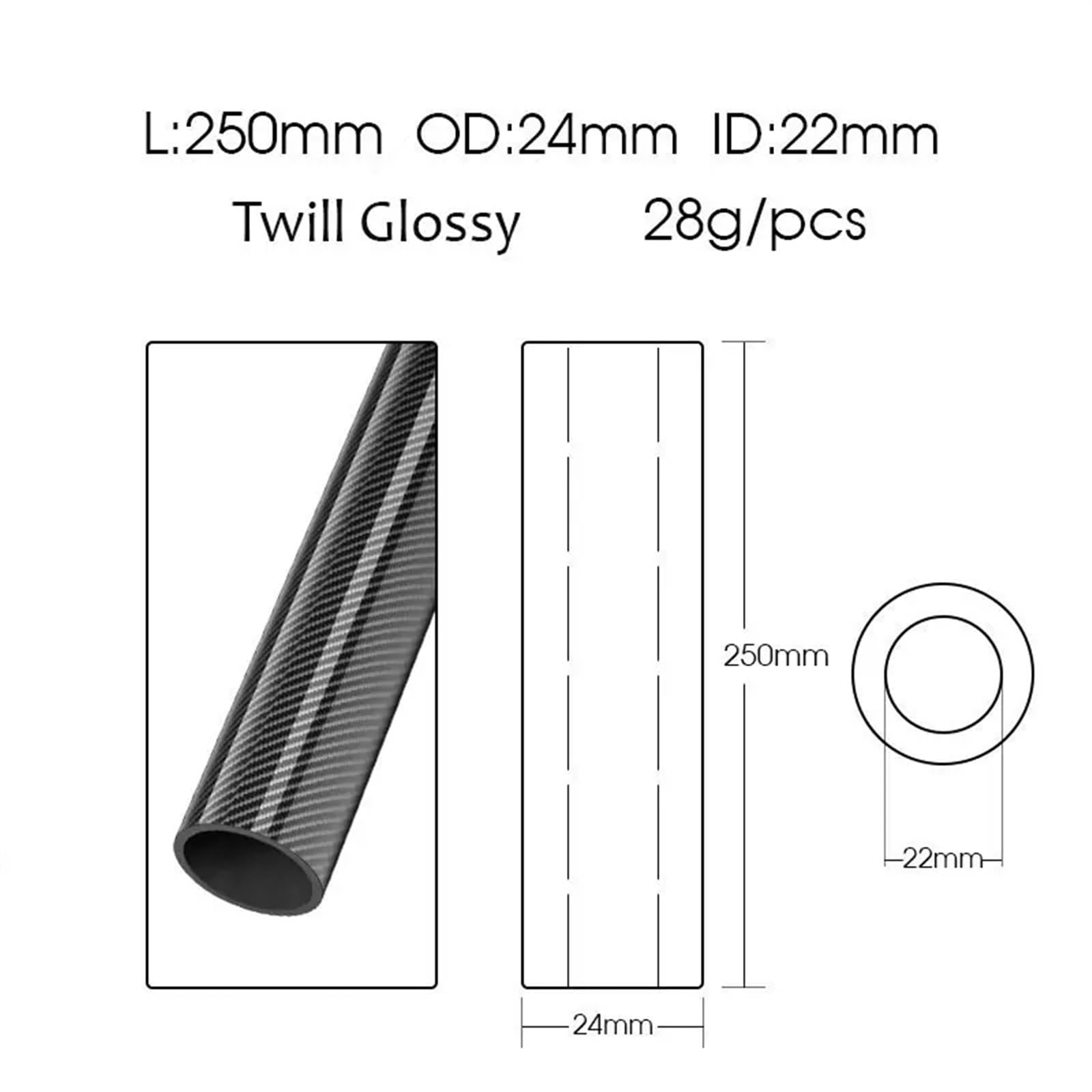 2 PCS 3K Carbon Fiber Tube Length 248mm Diameter 24mm 25mm 26mm 27mm 28mm 29mm for RC Model Aircraft Drone Accessories Carbon Fiber Square Tube(24x22 Twill Glossy)