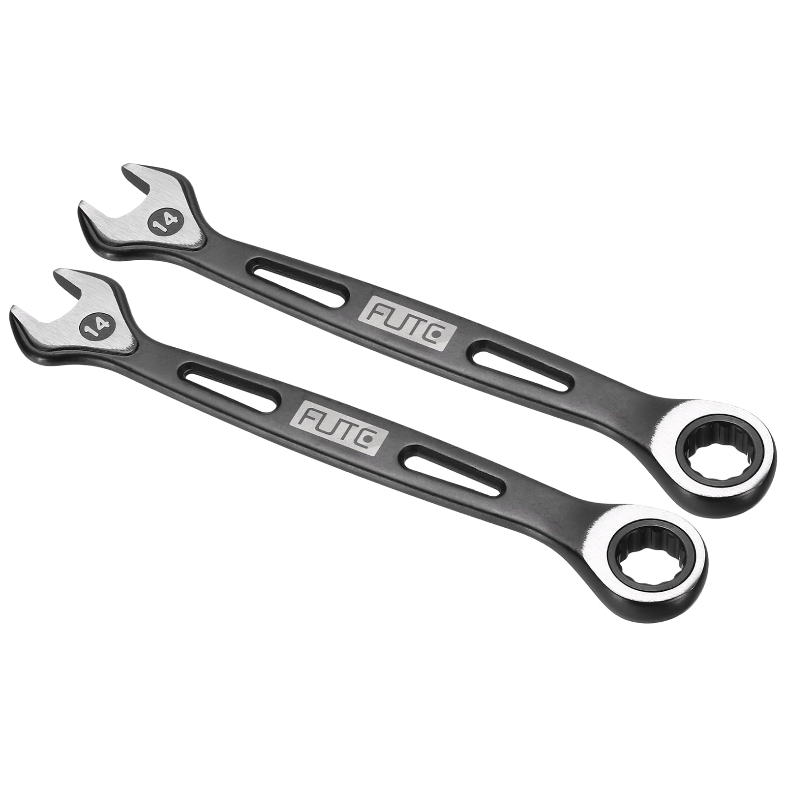 sourcing map 2Pcs Ratcheting Combination Wrench 14mm Stubby Wrench Metric High Carbon Steel Double 12-Point Box Open-Ended Ratchet Spanner Tool for Household Garage Workshop Auto Repairs, Black