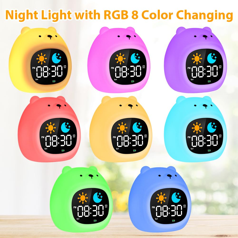 HOTUT Sveglia Bambini, Sveglia Digitale per Bambini, Sveglie da comodino con Luce Notturna Funzione Snooze Timer, 8 Colori Dimmerabile Lampada Notturna Ricaricabile, 6 Suonerie&Colori 8 Musica, Orso