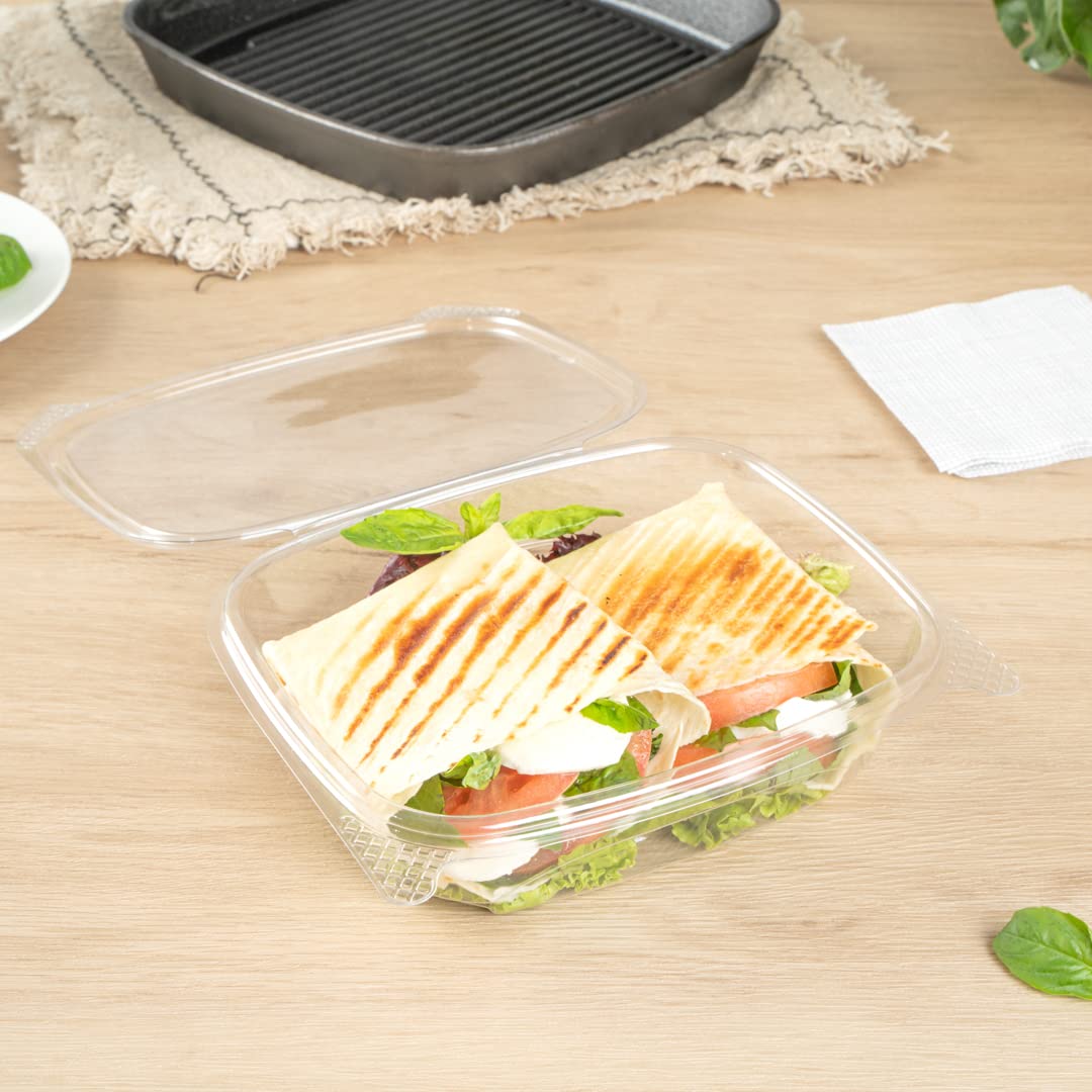 Thermo Tek - Contenedores de comida delicatessen de 24 onzas, 100 recipientes con tapa con bisagras antivaho, congelables, rectangulares, de plástico transparente, desechables Restaurantware