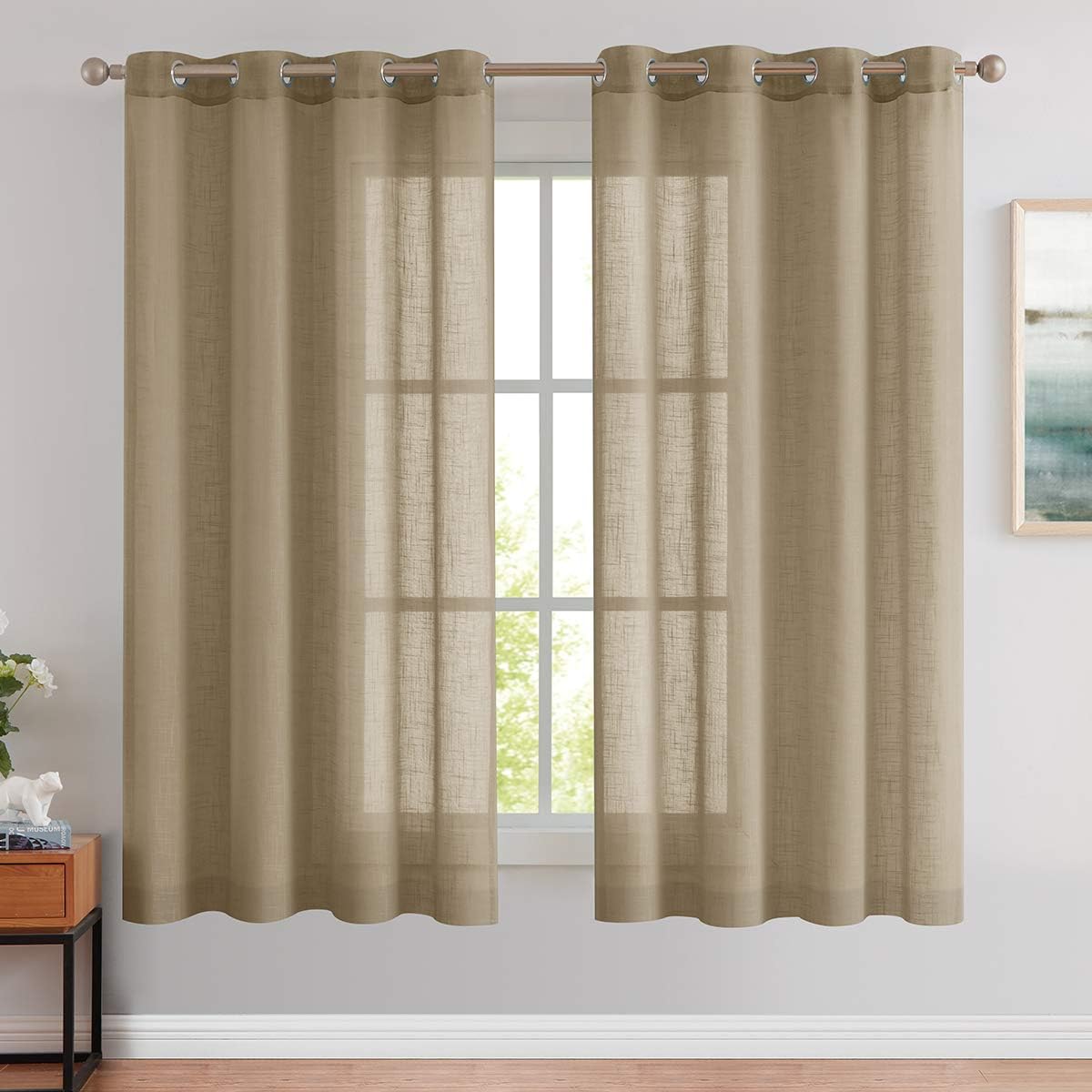 BEST DREAMCITY Faux Linen Sheer Curtains Grommets Taupe