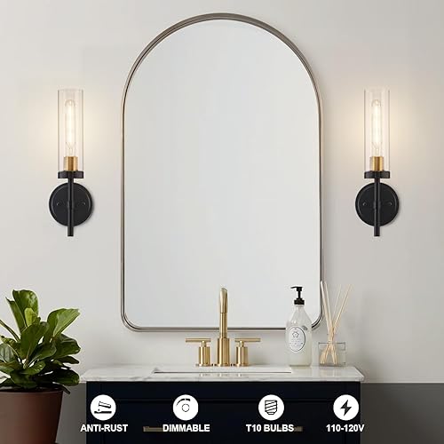 Miniatura 3 de Juego de 2 apliques de pared cableados negros y dorados, modernos apliques de tocador de baño con pantalla de vidrio transparente, luces de montaje