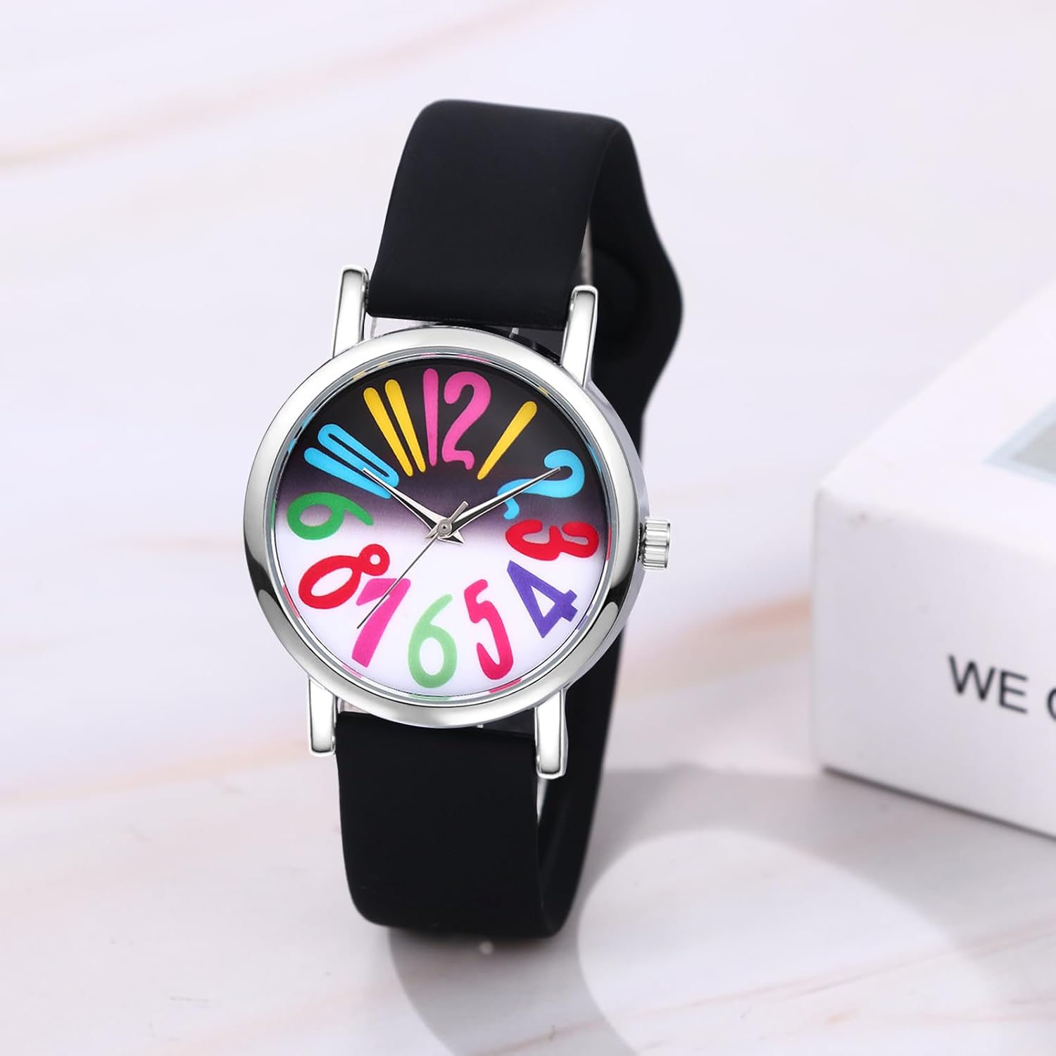 JewelryWe Women's Big Face Watch - Colorful Big Arabic Numbers Dial Easy to Read Quartz Watches Adjustable Silicone Wristwatch, Black Strap for Valentine's Day - Image 4
