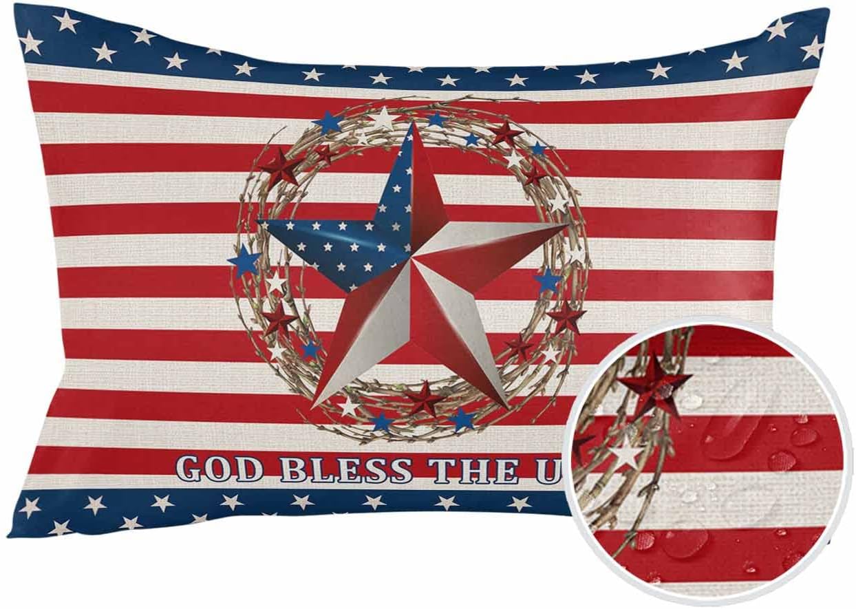Waterproof Rectangle Pillows for Outdoor Patio 20x12in-1 Pack,Patriotic 4th of July Freedom Star Decorative Pillow Cover with Inserts Throw Pillows for Couch Sofa Tent,Red Stripe on Linen Flax