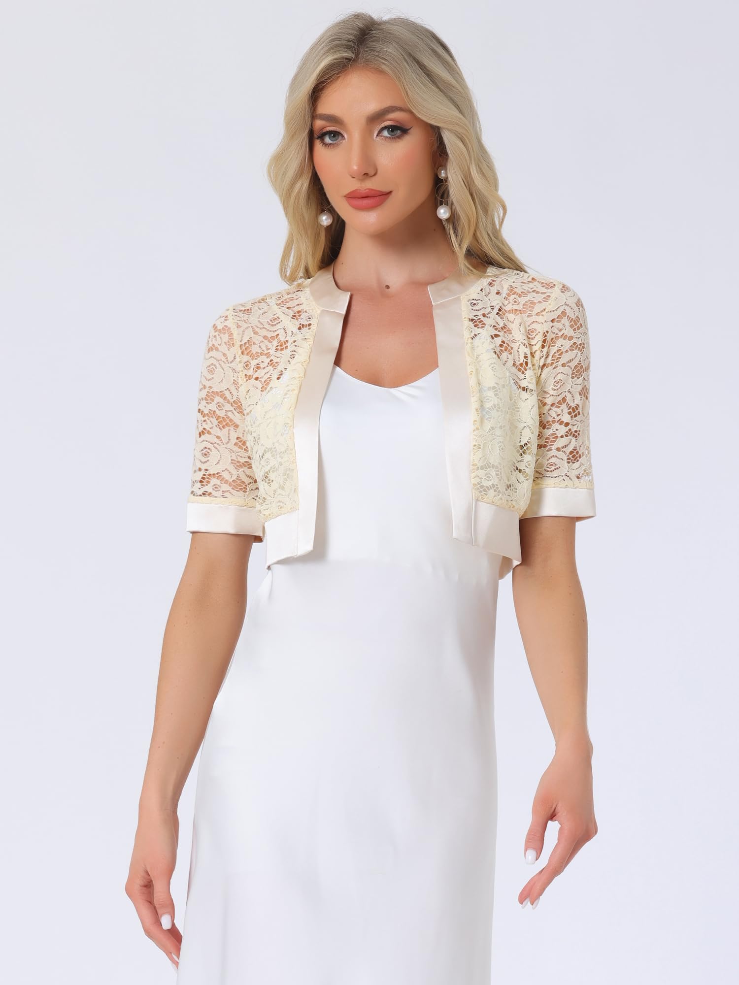 Allegra K Boléro en dentelle pour femme - Cardigan court en dentelle florale transparente | Boléro en satin Idéal pour un mariage, un cocktail, une église. Veste cardigan cache-maillot pour robes
