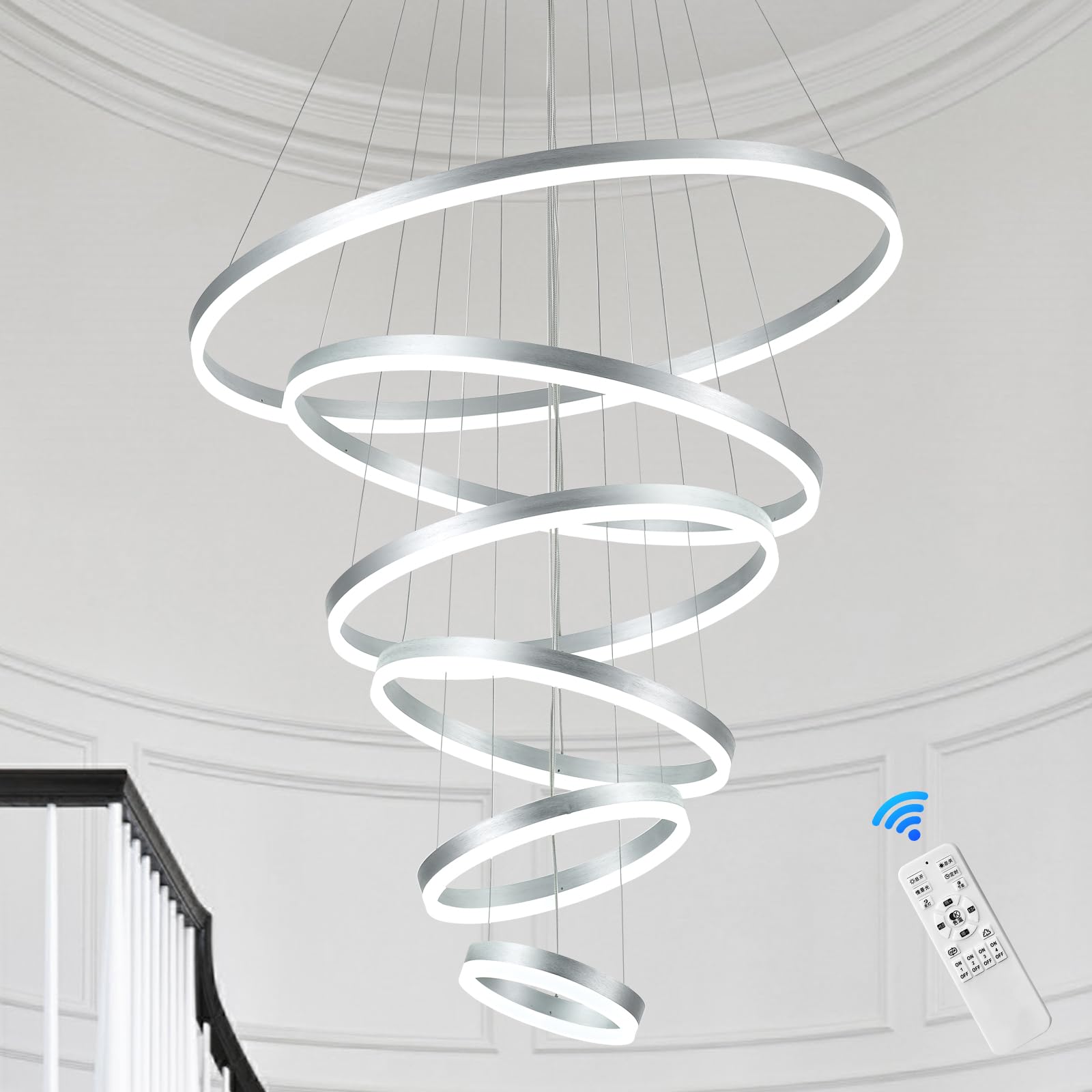 brfaixla 6-Ring Silver Modern LED Chandelier D31.5’’ Luxury Contemporary Dimmable 3000K-6500K Flush Mount High Ceiling Chandeliers with Remote Control for Staircase Hotel Lobby Villa Living Room