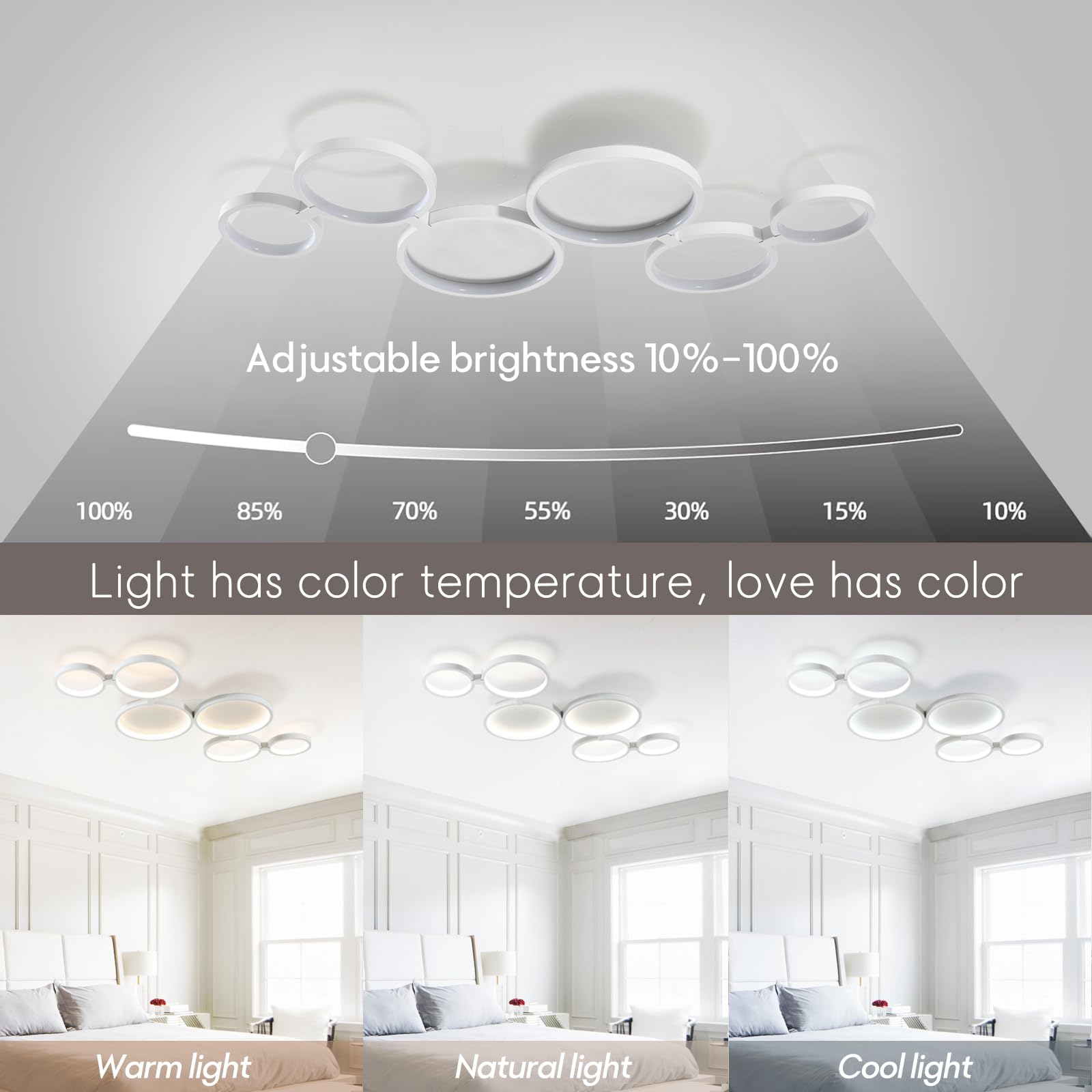 95 cm Lampadario Led Soffitto Moderni 6 Anelli Soggiorno, Dimmable Moderno Plafoniera Led Soffitto Camera Da Letto, 3000K-6500K Luce Funzione Di Memoria, Nessuno Sfarfallio, Timer(Bianco)