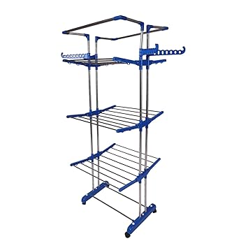 TNC Foldable Cloth Drying Stand Stainless Steel – Jumbo 2 Stand 3 Tier Clothes Dryer for Balcony, Indoor & Outdoor Use | with Wheels & Hanger Slots | (TNC-JB3T-7)