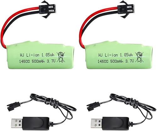 Paquete de 2 baterías recargables de iones de litio de 3.7 V 500 mAh 14500 con cable de carga USB y junta SM-2P para automóviles RC, barcos RC,