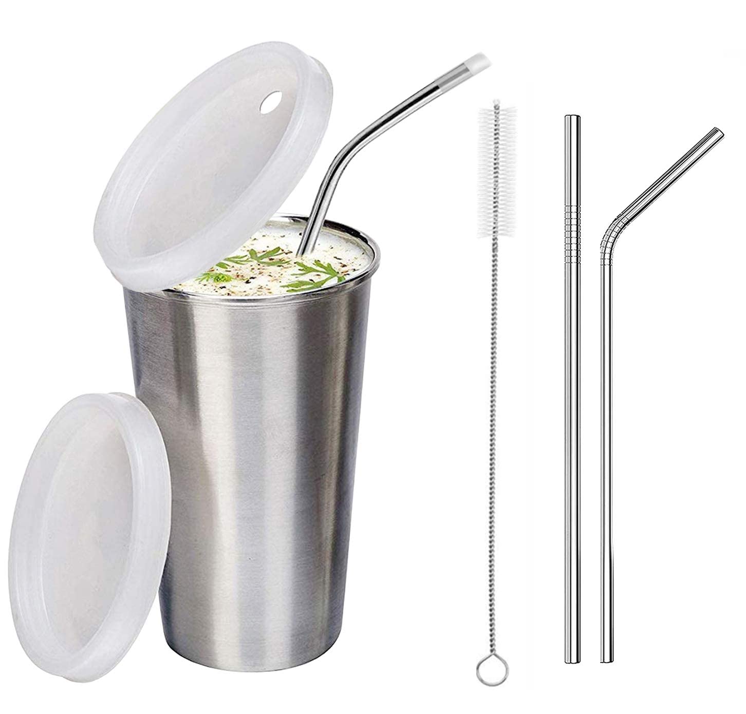 NOBILEA Stainless Steel Tumbler with Silicon Lid Capacity 370 ml Leak Proof Set of 1 pcs with 2 Straws 1 Brush | Glass with Silicon lid | Steel Glass with Lid(Silver)