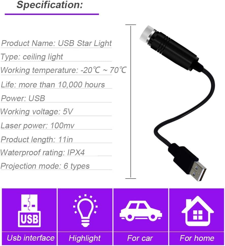 Image of USB Star Projector Night Light, Adjustable Romantic Blue Interior Car Lights, Bending Freely Portable Auto Roof Lights Decoration for Ceiling, Bedroom, Party