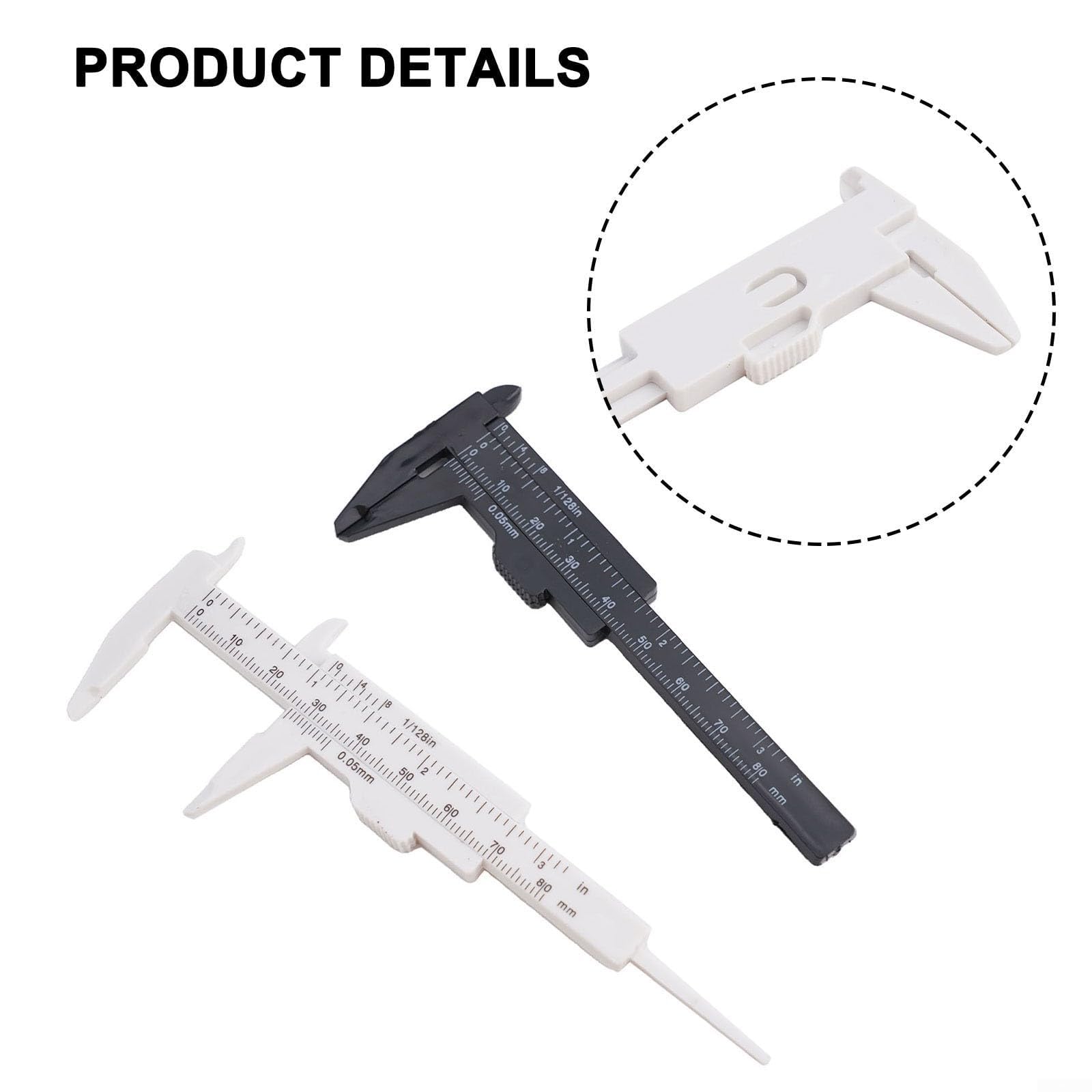 Calibrador Vernier de plástico, Regla Deslizante de 80 mm, micrómetro, Herramienta de medición para medición de Espesor y Profundidad, Juego en Blanco y Negro.