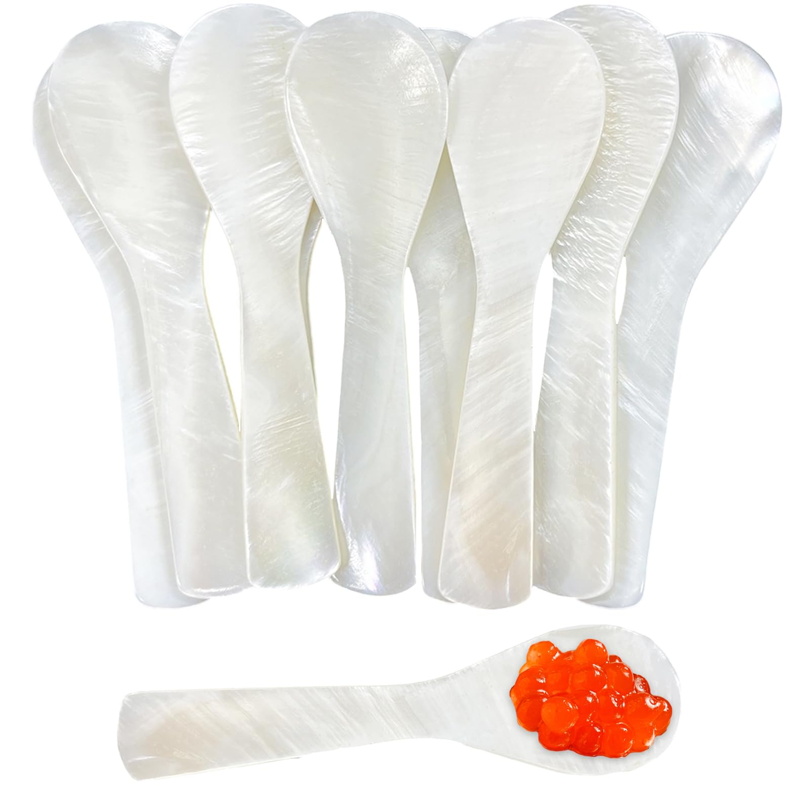 10PCS Mother Of Pearl Caviar Spoons W Round Handle, Handmade Pearl Spoon Shell Spoon for Caviar, Egg, Coffee, Ice Cream, Restaurant Serving (White, 2.87 Inch)