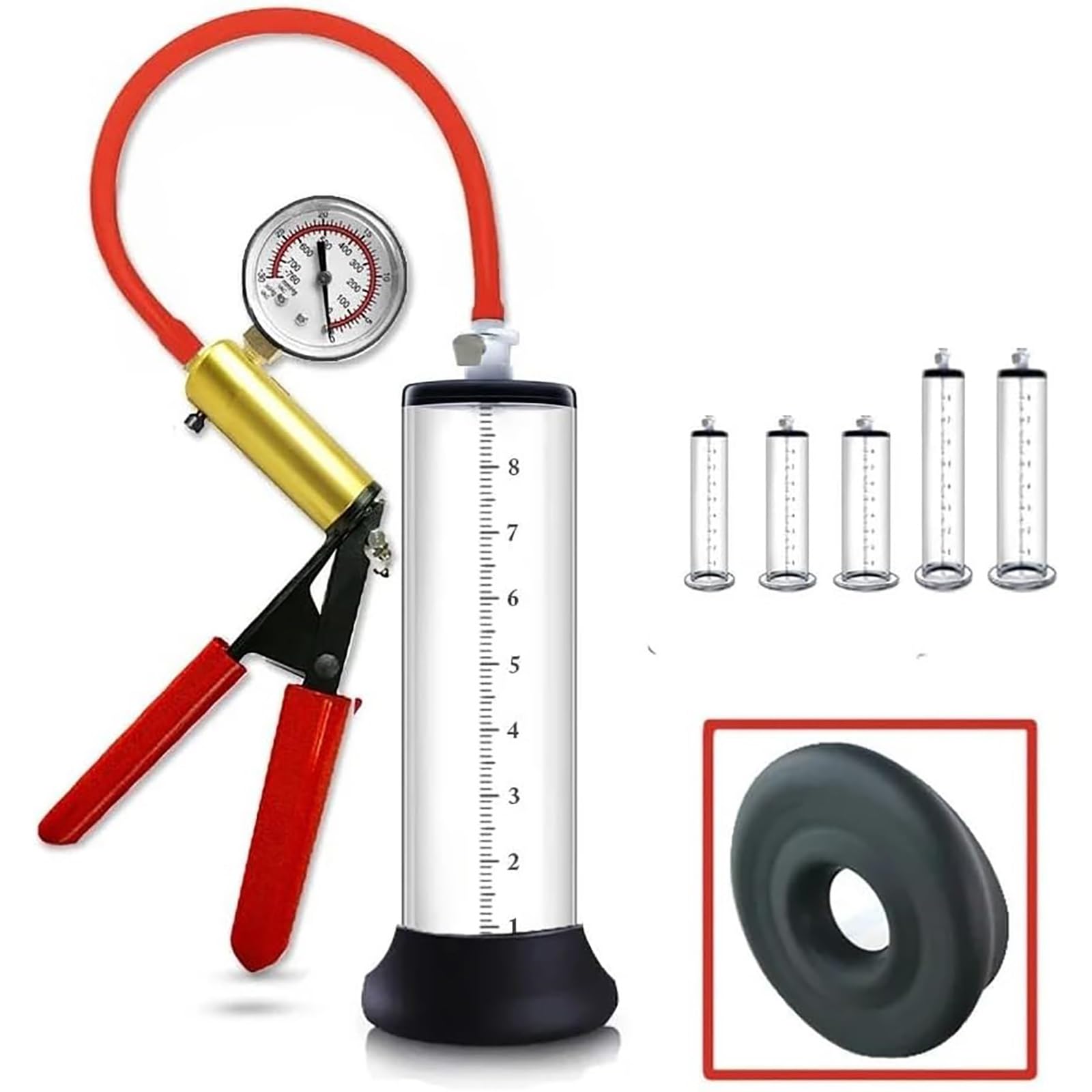 Pompa for pene con manometro a vuoto, manico rosso, pompa manuale for pene uomo, ingrandimento, ingrandimento del con 12 misure for uomo(9 * 1.75in/23 * 4.4cm)