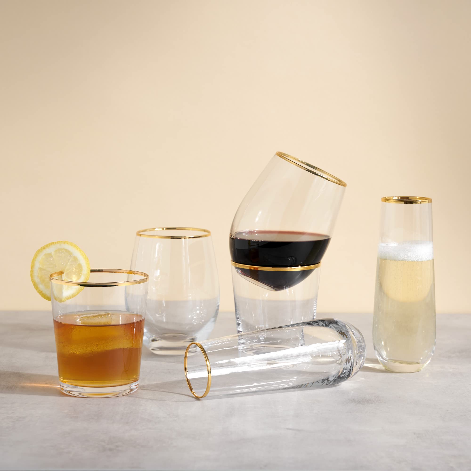 Twine Juego de copas de vino doradas sin tallo con borde dorado, vasos modernos para vinos tinto y blanco, regalos de boda, celebración de vacaciones, cristalería elegante, bar en casa, 18 onzas