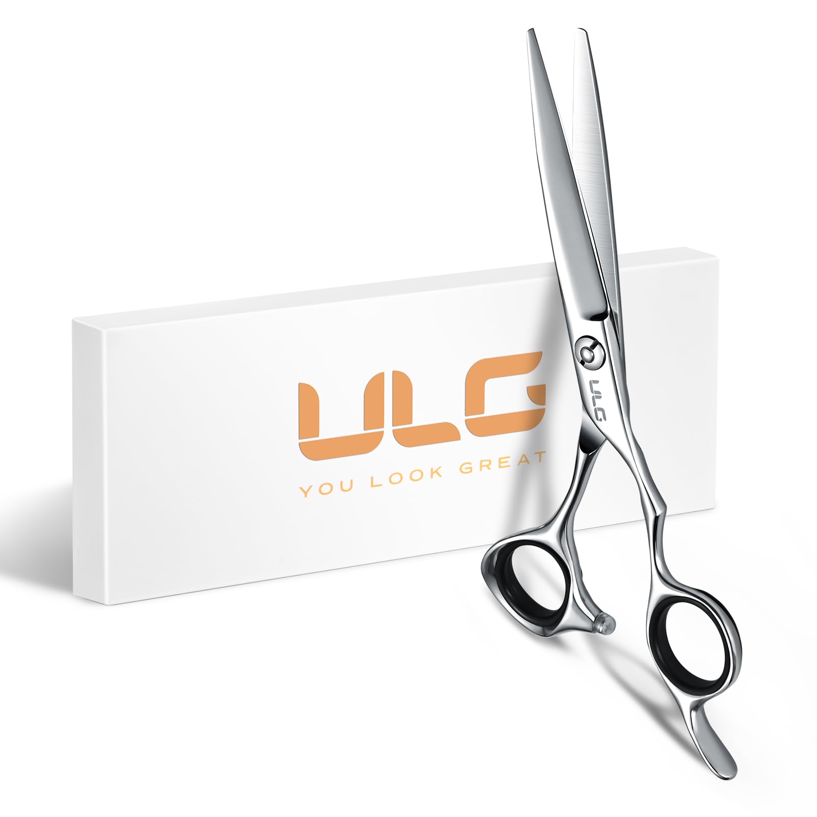 ULG Professional Hair Cutting Scissors 6.5 Inch – Japanese Stainless Steel Barber Shears for Salon &amp; Home Haircut, Ergonomic Offset Handles with Silencer, Hand-Honed Sharp Blades, Silver