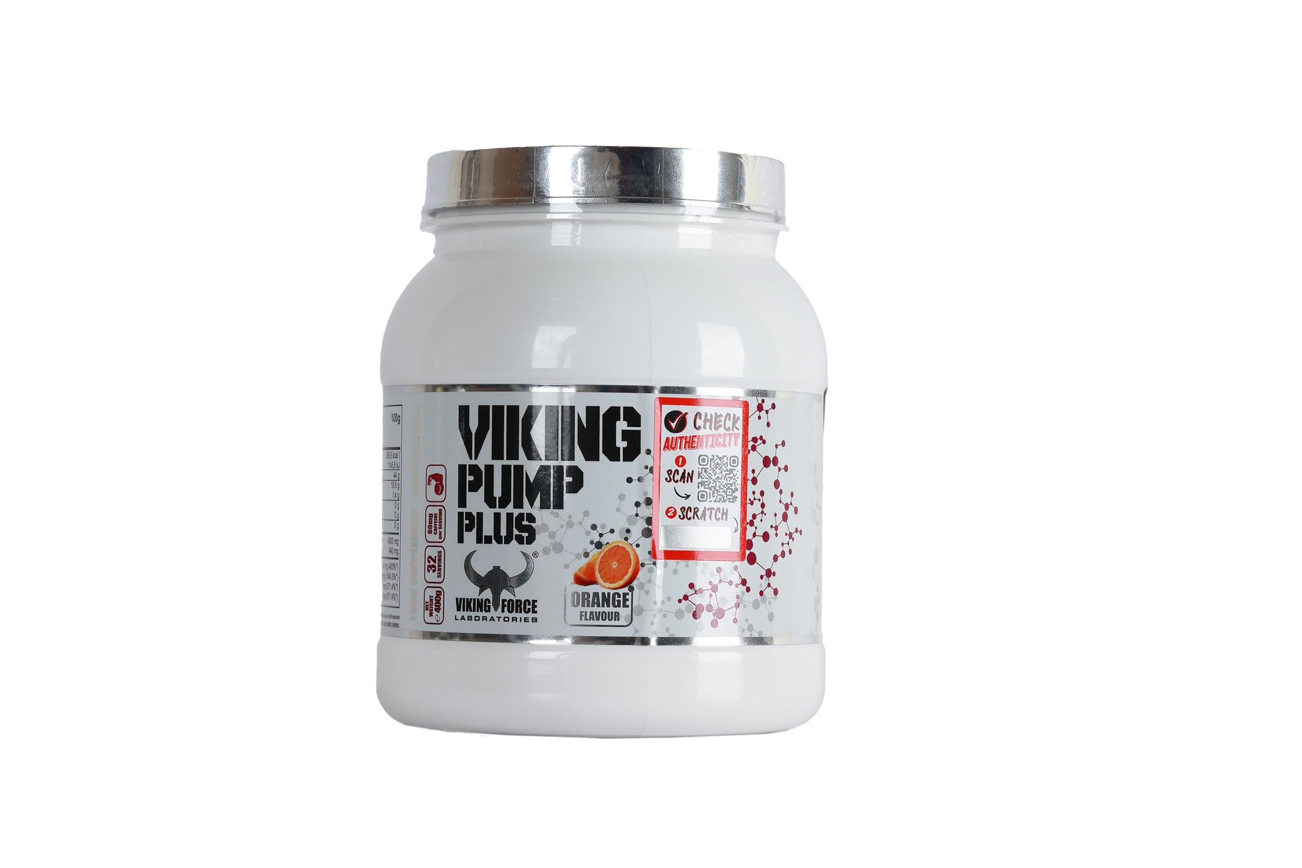 VIKING FORCE Pump Plus- Orange Flavour Food Supplement, 400g pack, 32 servings, 80mg caffeine per serving, Improved blood flow to muscles