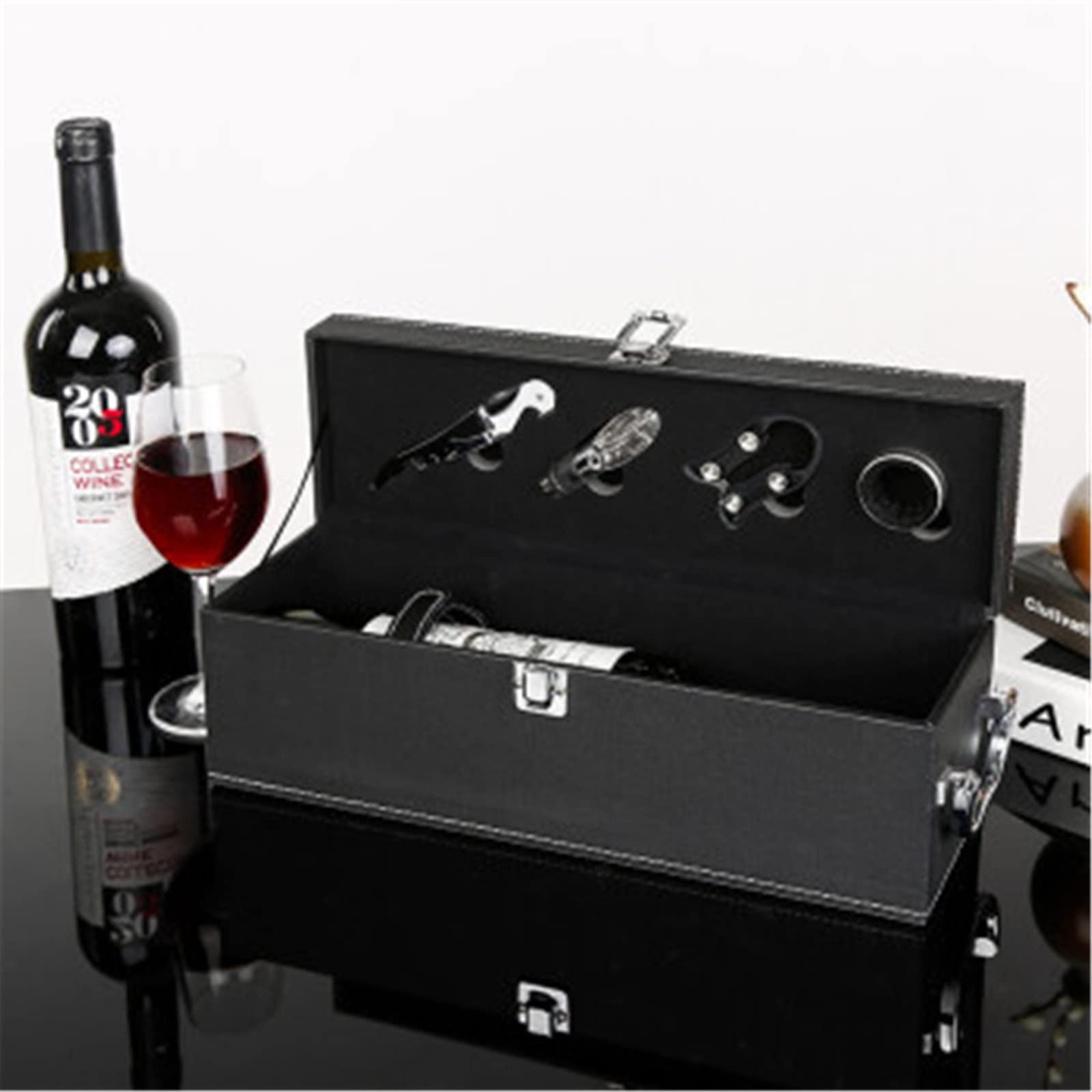 Boîte à vin en Cuir Coffret Cadeau pour Home Bar Decor(Schwarz)