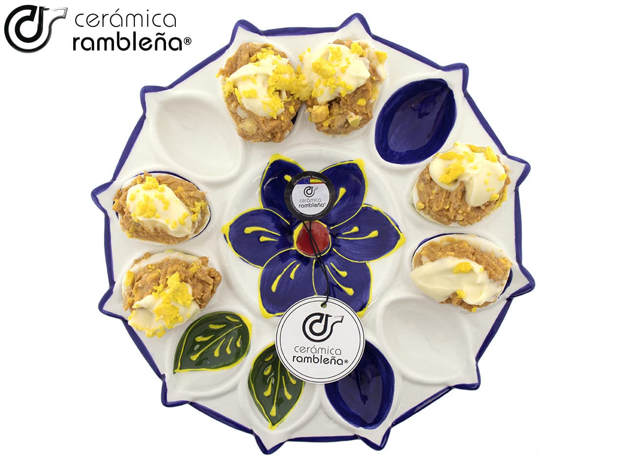 CÉRAMIQUE RAMBLAIGNE | Coquetier | Plat à œufs farcis | Plateau en céramique | Œufs farcis | Assiette à œufs modèle - M04 | Décoration 100 % faite main | 26 x 26 x 2,5 cm