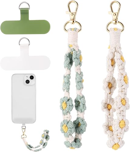 Jspupifip 2 correas bohemias de macramé para teléfono, lindo cordón para teléfono celular con pestaña de anclaje floral para teléfono inteligente,