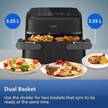 Philips Air Fryer 1000 Series Dual Basket 7.1L Mega Draw or Dual 3.5L+3.5L | Double air fryer with two 3.5L zones or 7.1L megabasket, Compact design, 10 Cooking Functions, 90% less fat (NA154/09)